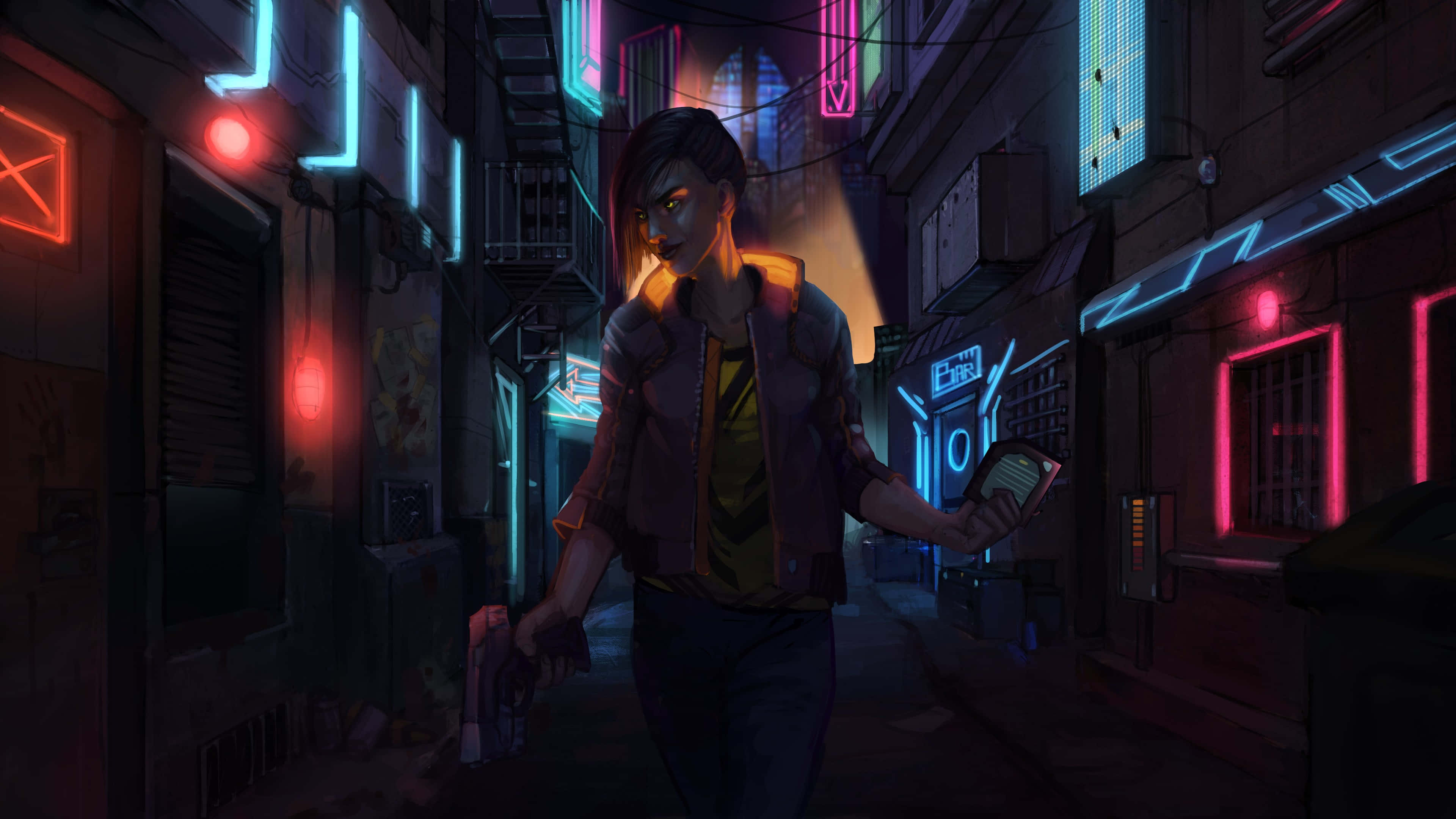 Cyberpunk Night City 桌布 壁紙 — 夜晚，一個孤獨的身影穿過霓虹燈照亮的小巷，周圍是發光的招牌和城市衰敗的景象。