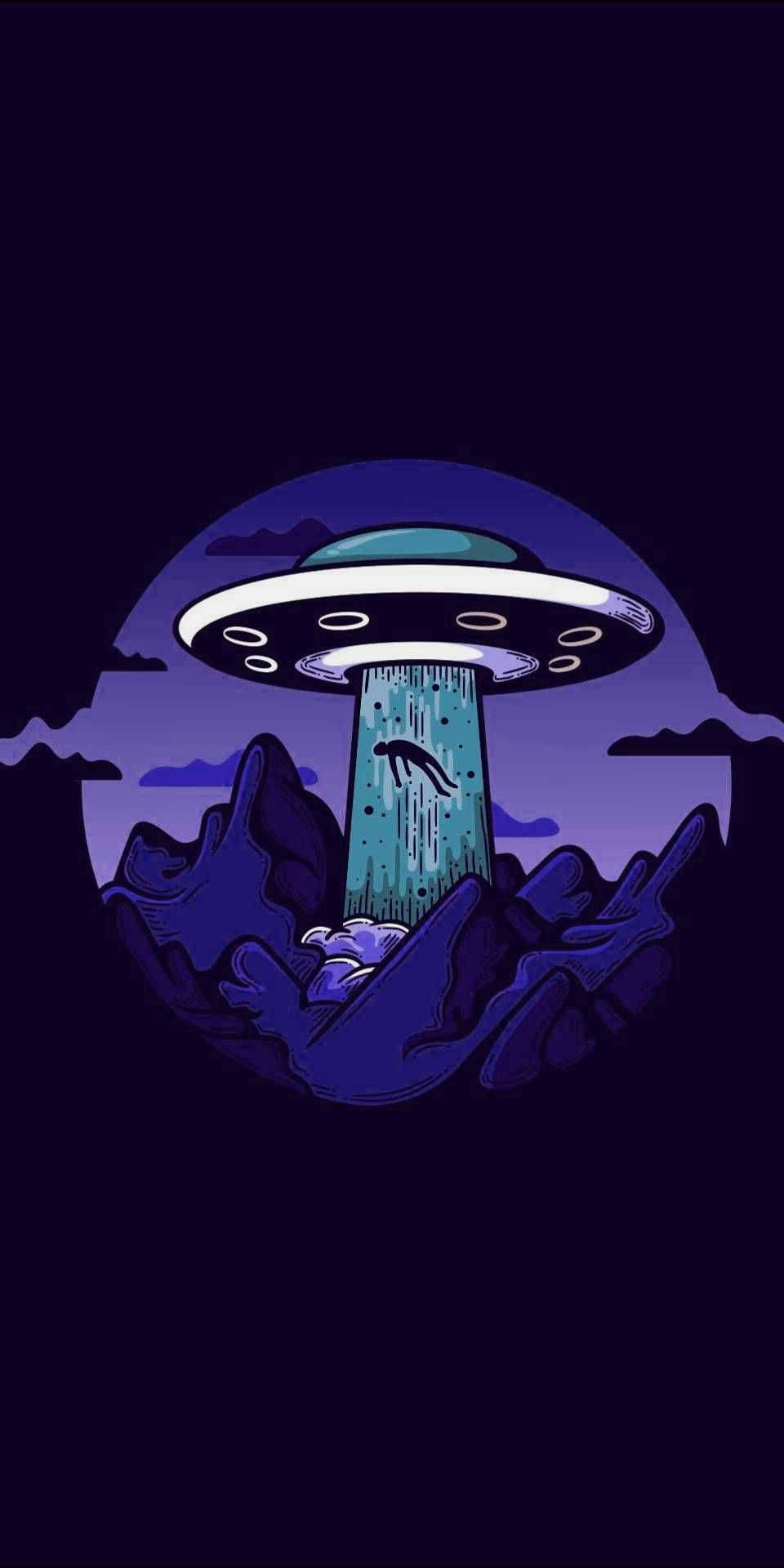 幽浮 桌布 壁紙 — 夜晚，一個發光的UFO在鋸齒狀的山脈上空盤旋，一個人影被一道光束向上拉。