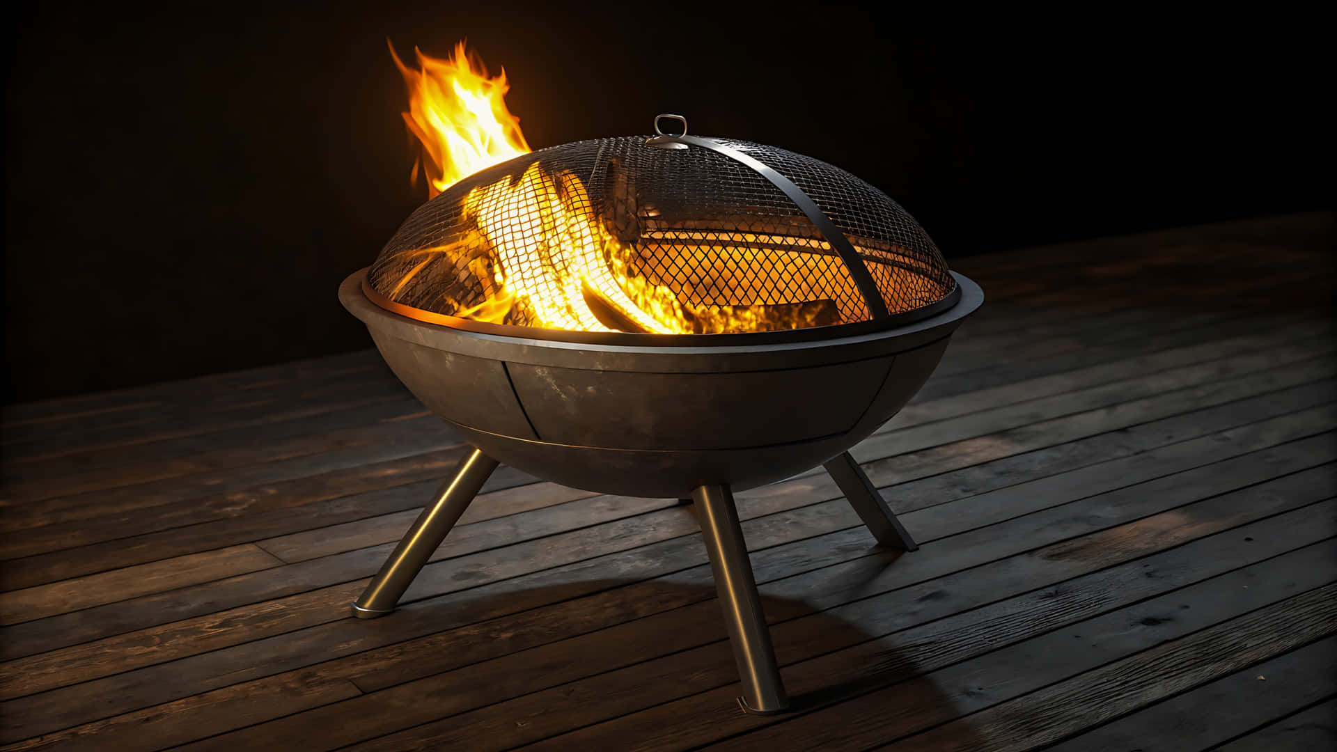 Burning fire pit with protective screen on a wooden deck at night 壁紙 — 夜晚，一個金屬火盆在深色木甲板上燃燒著明亮的火焰。