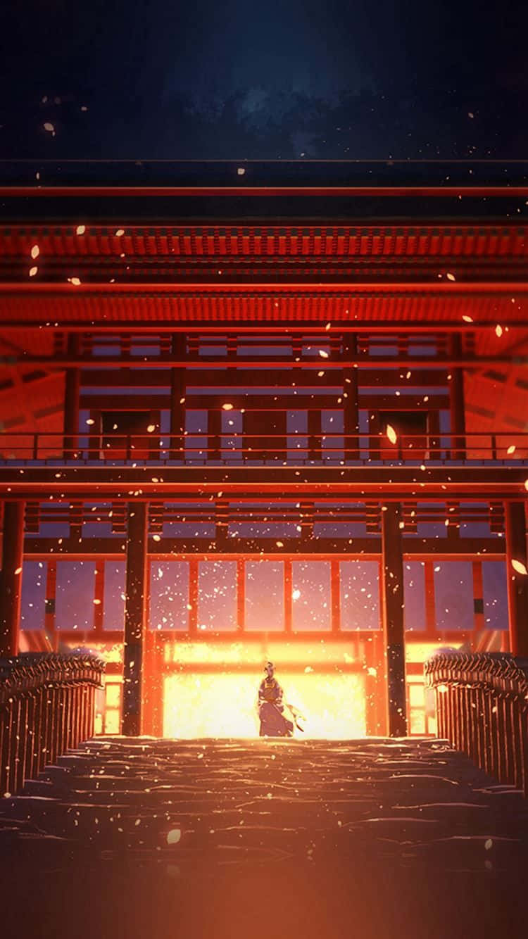 紅色動漫 桌布 壁紙 — 夜晚，一名孤獨的武士站在發光的紅色神社前，櫻花在溫暖的光線中飄落。