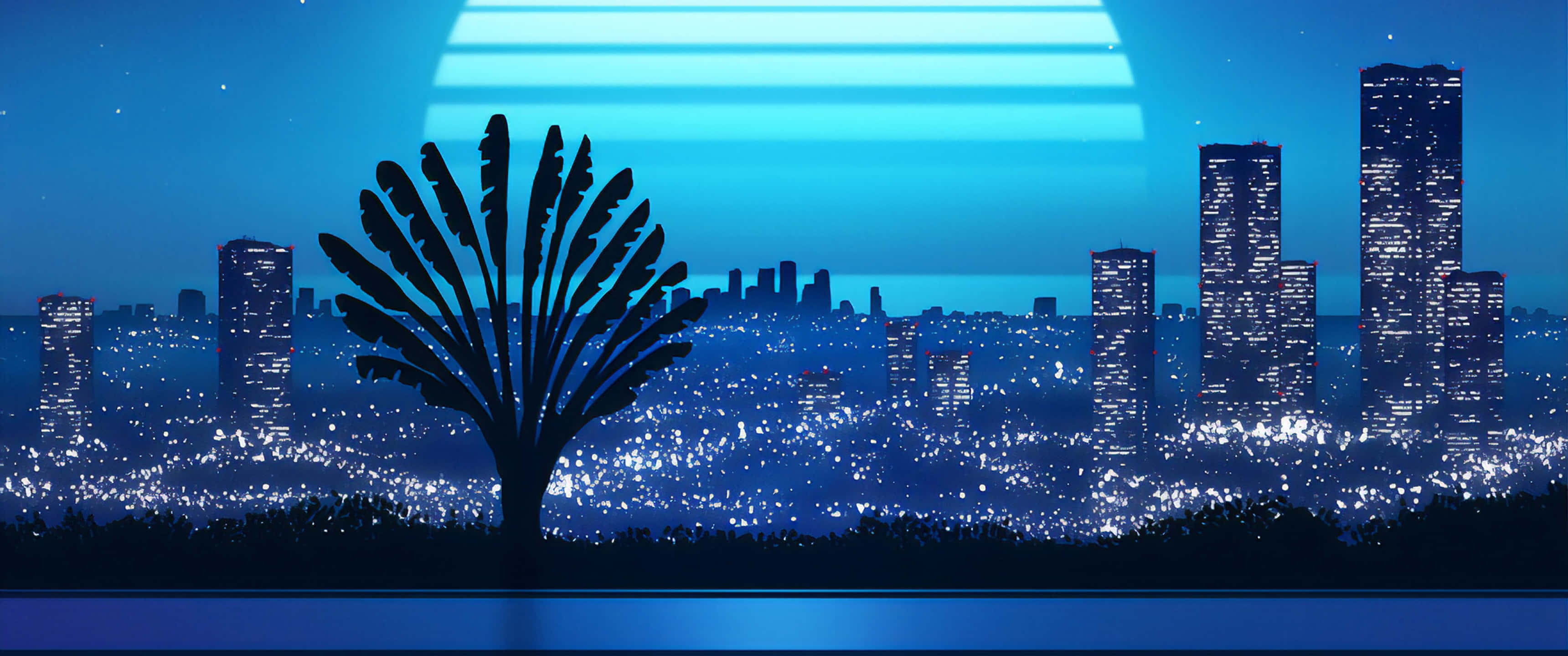 3440x1440 Neon 桌布 壁紙 — 夜晚，一座孤獨的棕櫚樹剪影矗立在發光的藍色霓虹太陽前，下方是廣闊的城市景觀。