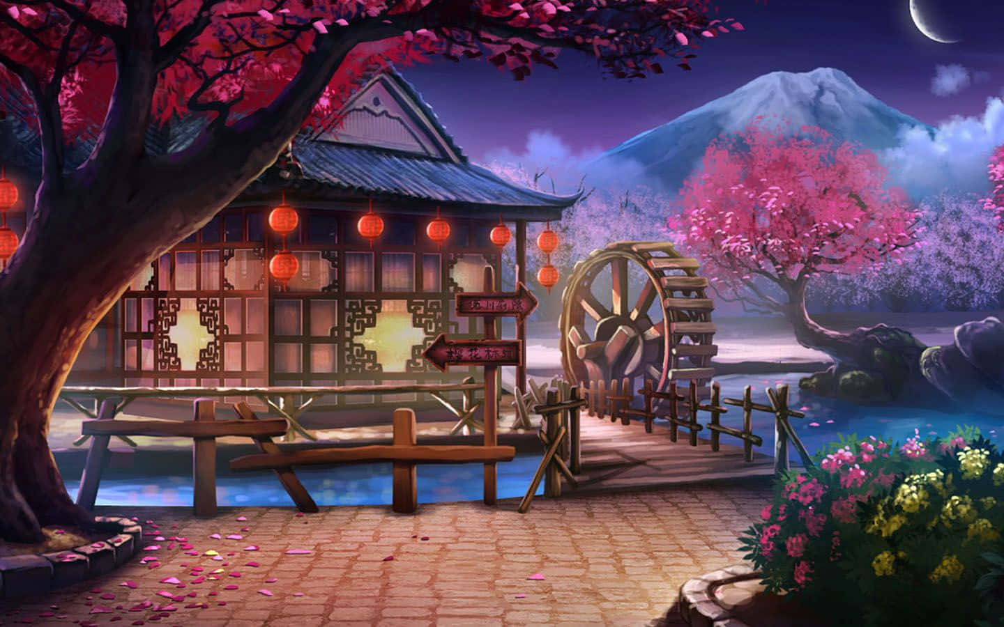 Japan Anime 桌布 壁紙 — 夜晚，一座寧靜的日式房屋，掛著紅燈籠，坐落在櫻花樹下的河邊，背景是雪山。