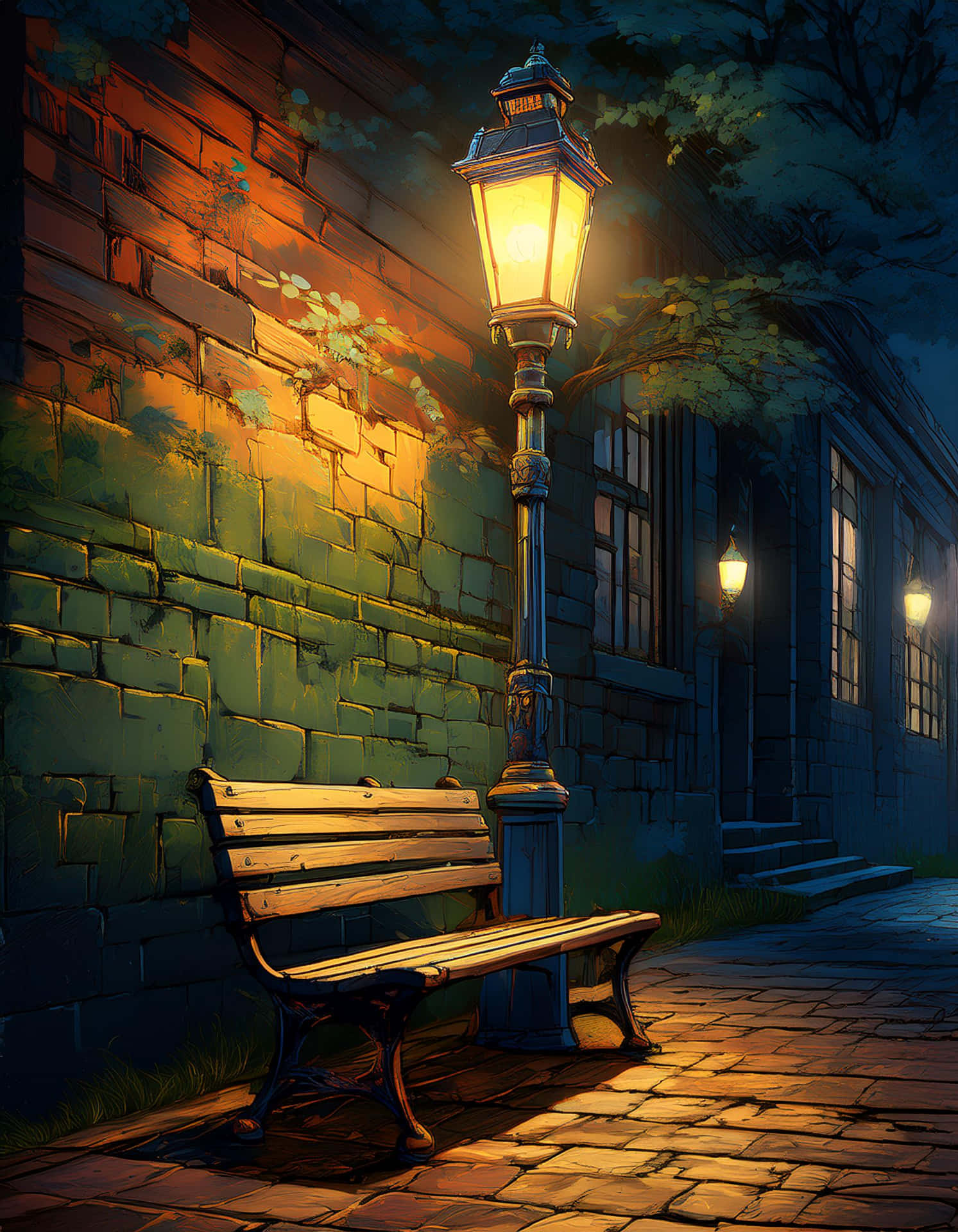 A Quiet Bench Under the Street Lights at Night 壁紙 — 夜晚，一張孤獨的木凳位於發光的復古街燈下，燈光溫暖地灑在鵝卵石小徑上，旁邊是長滿苔蘚的磚牆。