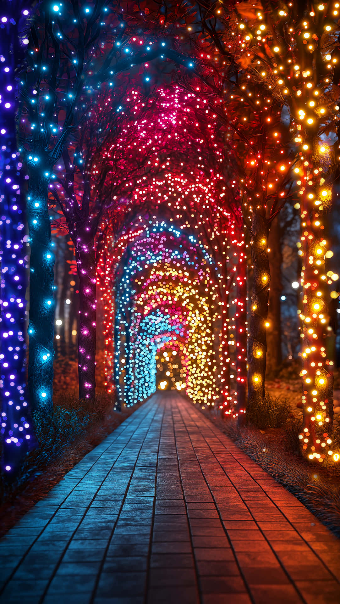 Christmas Wallpapers 壁紙 — 夜晚，一條由彩色串燈組成的充滿活力的隧道拱起在穿過森林的磚砌小徑上。