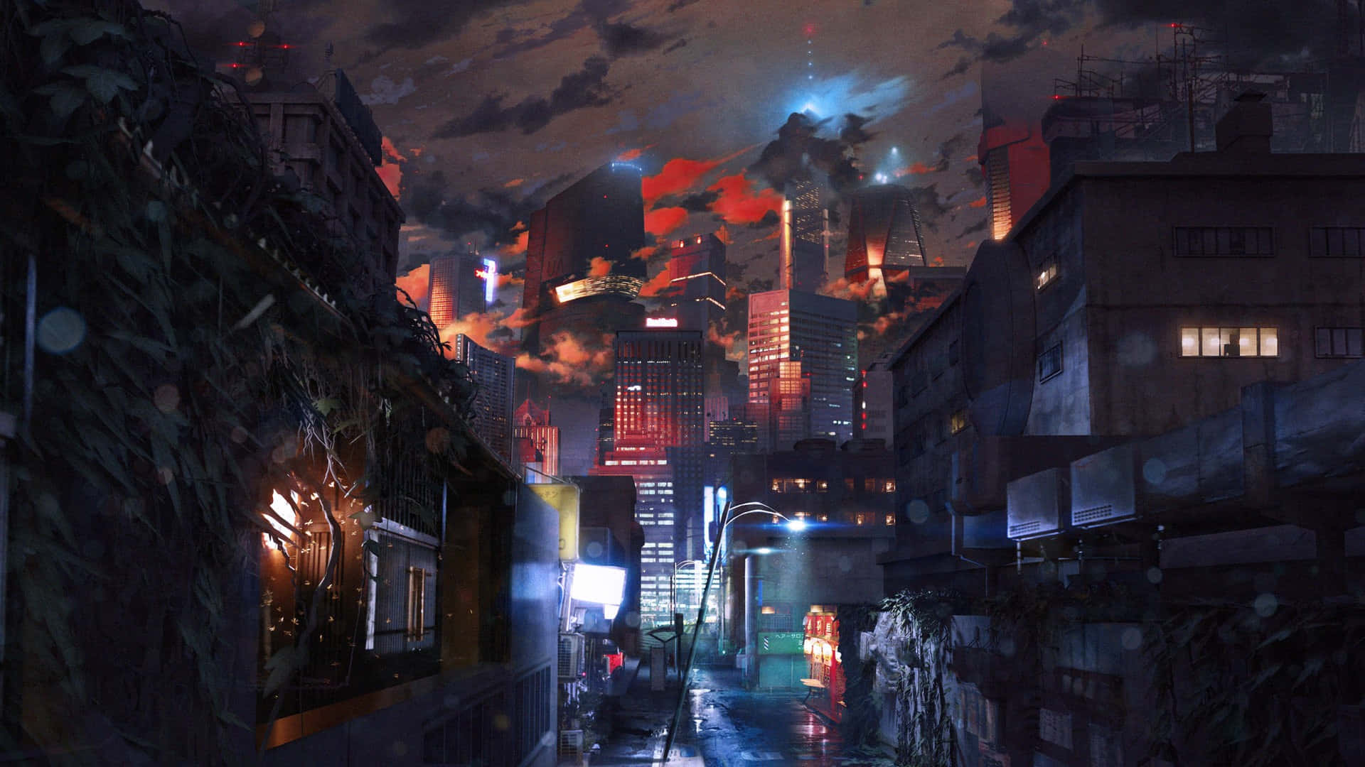 桌布 壁紙 — 夜晚，一條被雨水浸濕的後巷，位於賽博龐克城市中，兩旁是雜草叢生的建築物和發光的霓虹招牌，映襯著暴風雨的天空。