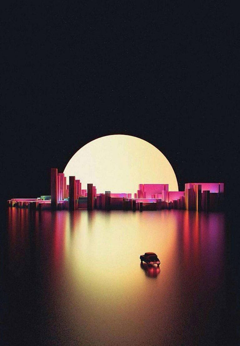 高清 桌布 壁紙 — 夜晚，一艘孤獨的小船漂浮在平靜的水面上，前方是閃爍霓虹燈光的城市景觀，上方懸掛著巨大的黃色月亮。
