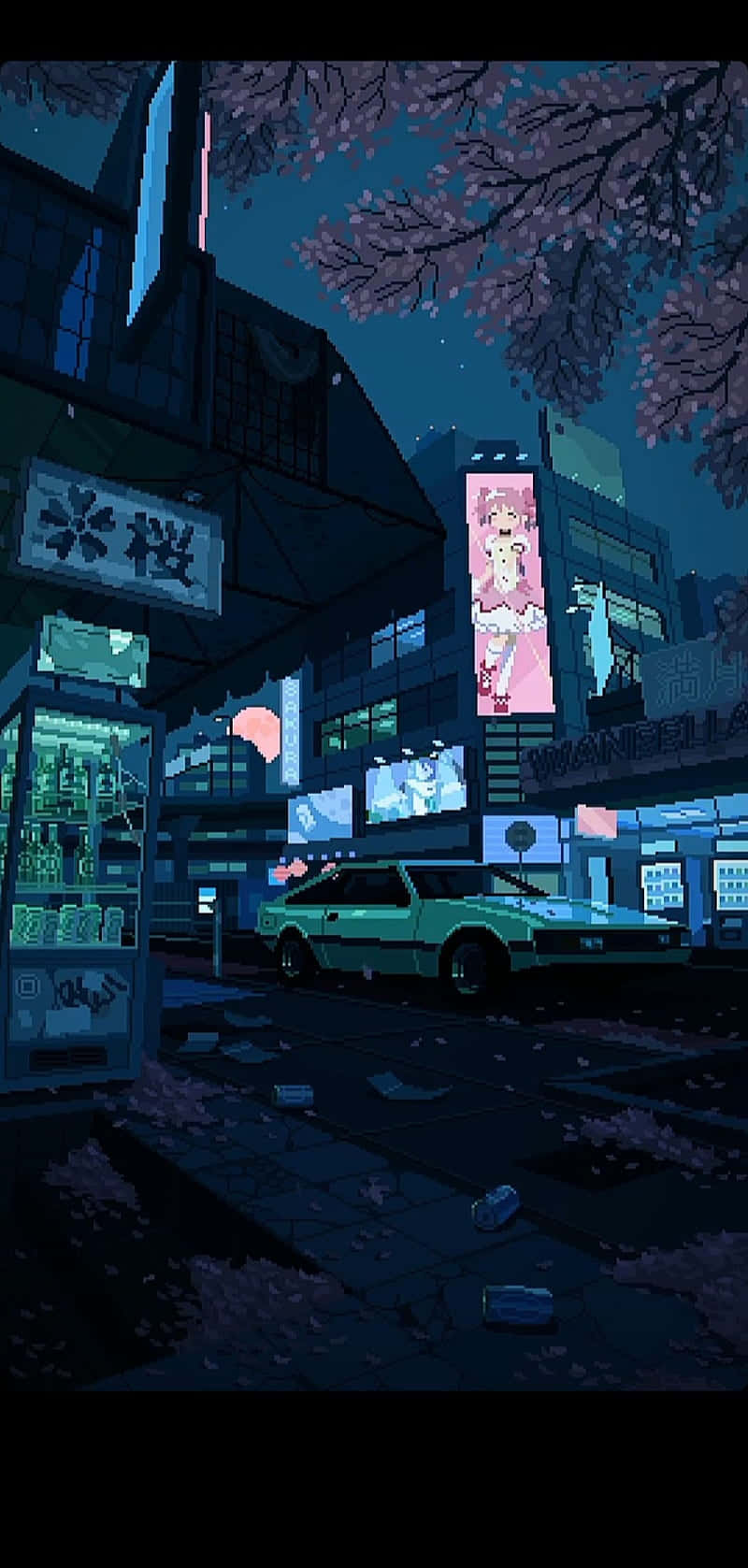 青綠色汽車停泊在櫻花下，身處霓虹燈浸染的像素藝術城市夜晚。 — Google pixel 壁紙