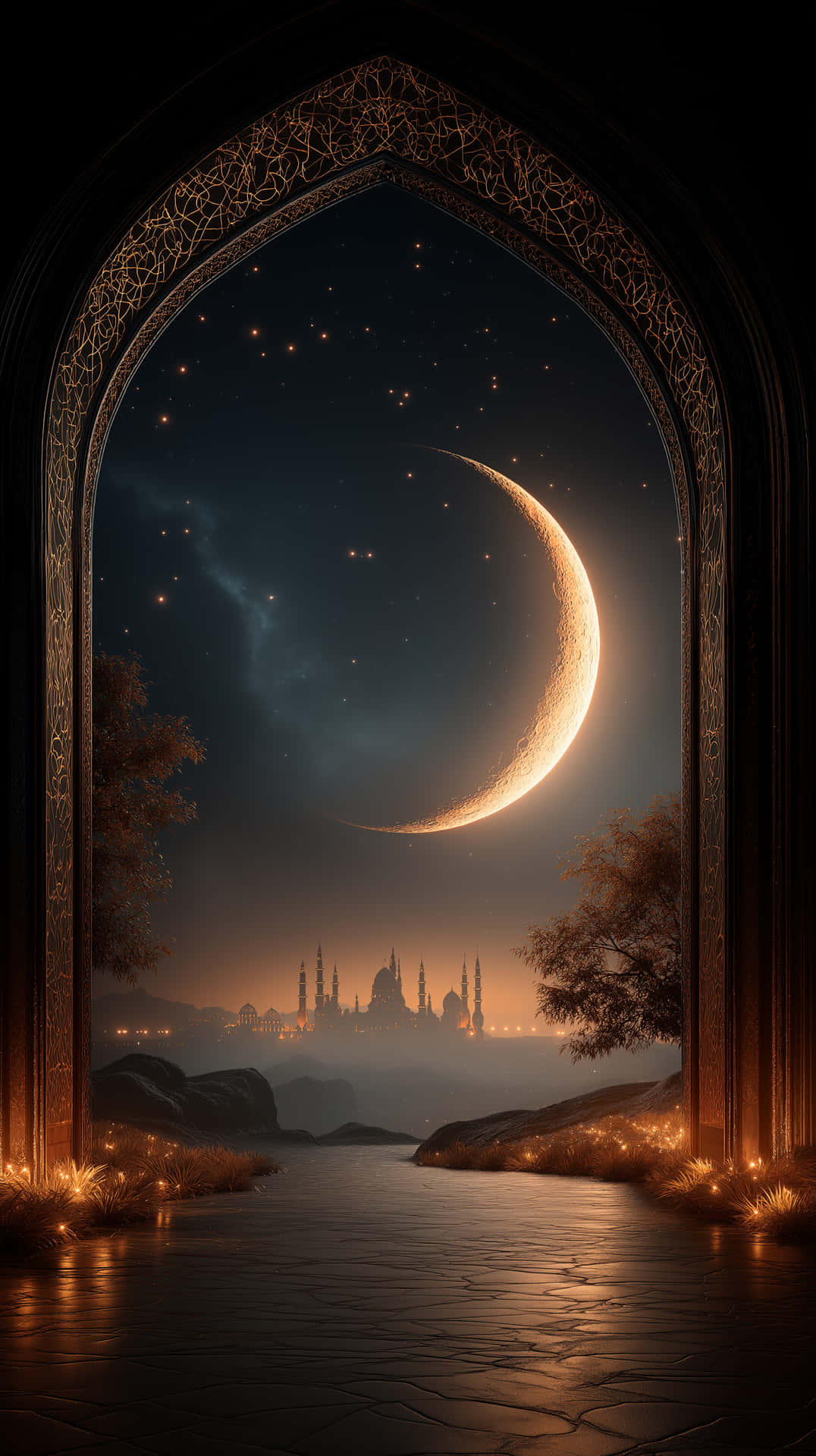 Arched Vista of Moonlit River Towards Distant Cityscape 壁紙 — 夜晚，一輪發光的彎月懸掛在遠處的清真寺天際線上，由華麗的拱形門口框住。