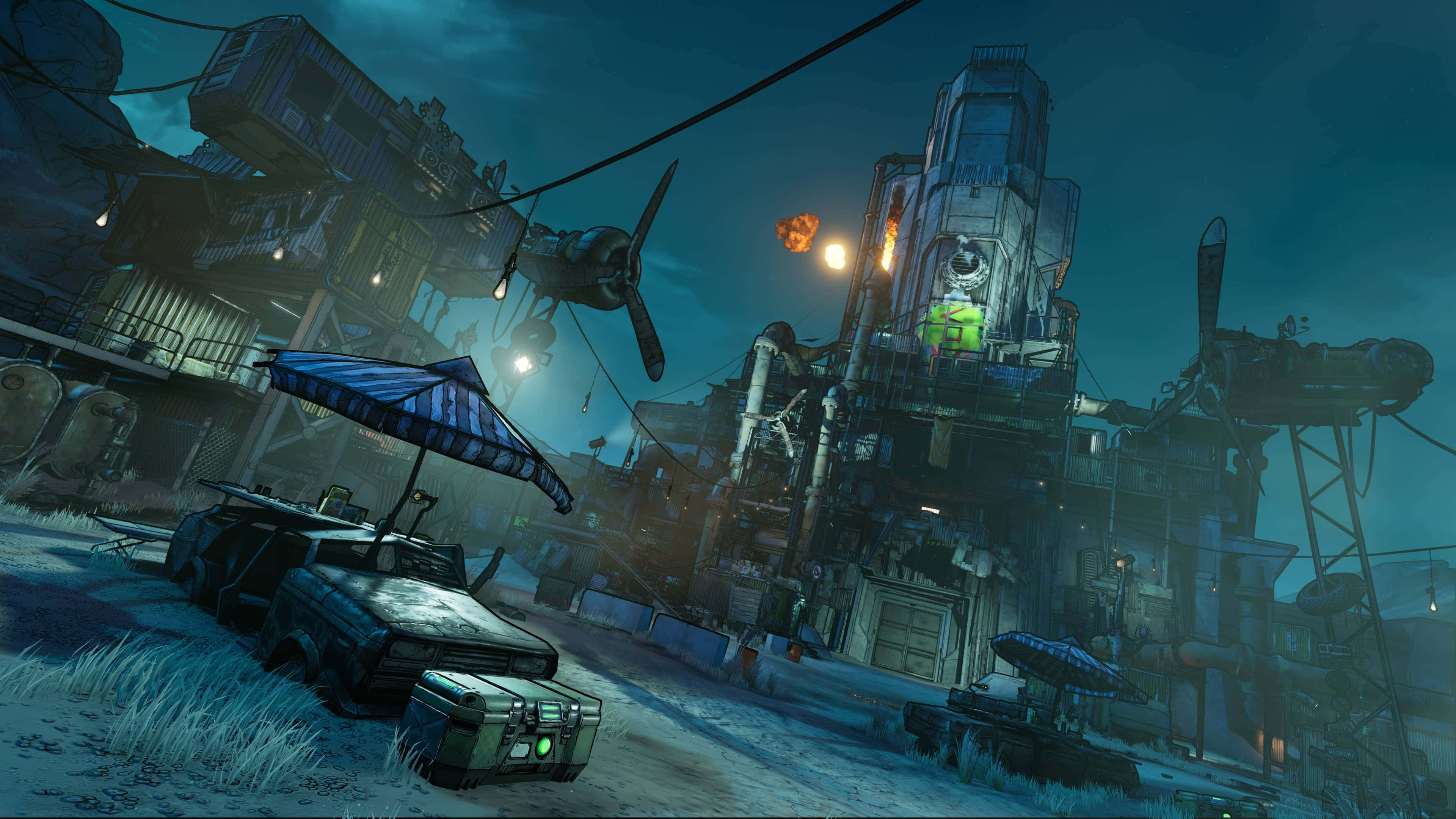 4K Borderlands 3 桌布 壁紙 — 夜晚，在深藍綠色天空下，一個被霓虹燈照亮、積雪覆蓋的反烏托邦城市景觀，有廢棄的汽車、漂浮的飛行器和高聳的工業建築。