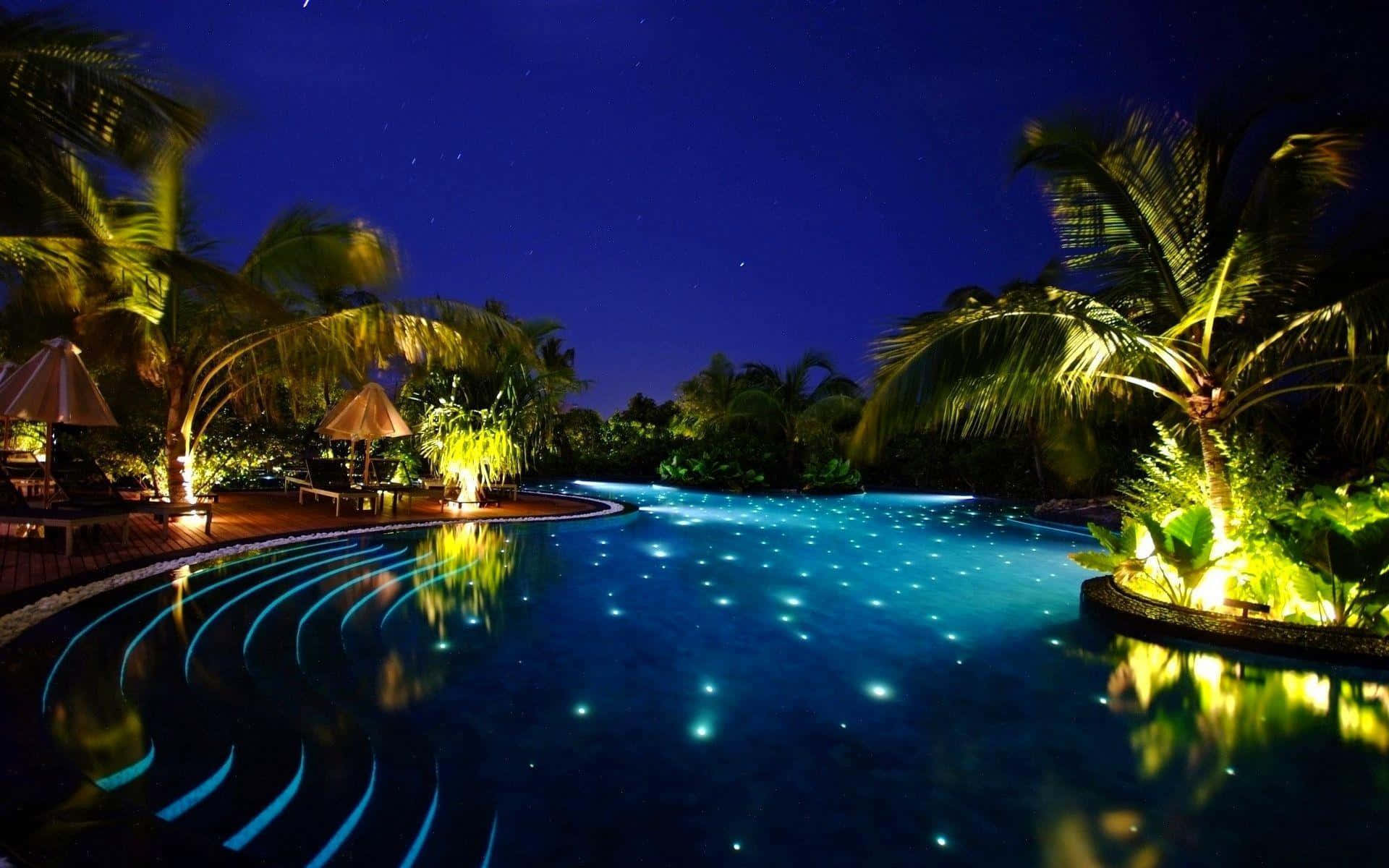 Swimming 桌布 壁紙 — 夜晚，在溫暖的環境燈光下，星空下，棕櫚樹環繞的發光無邊際泳池。