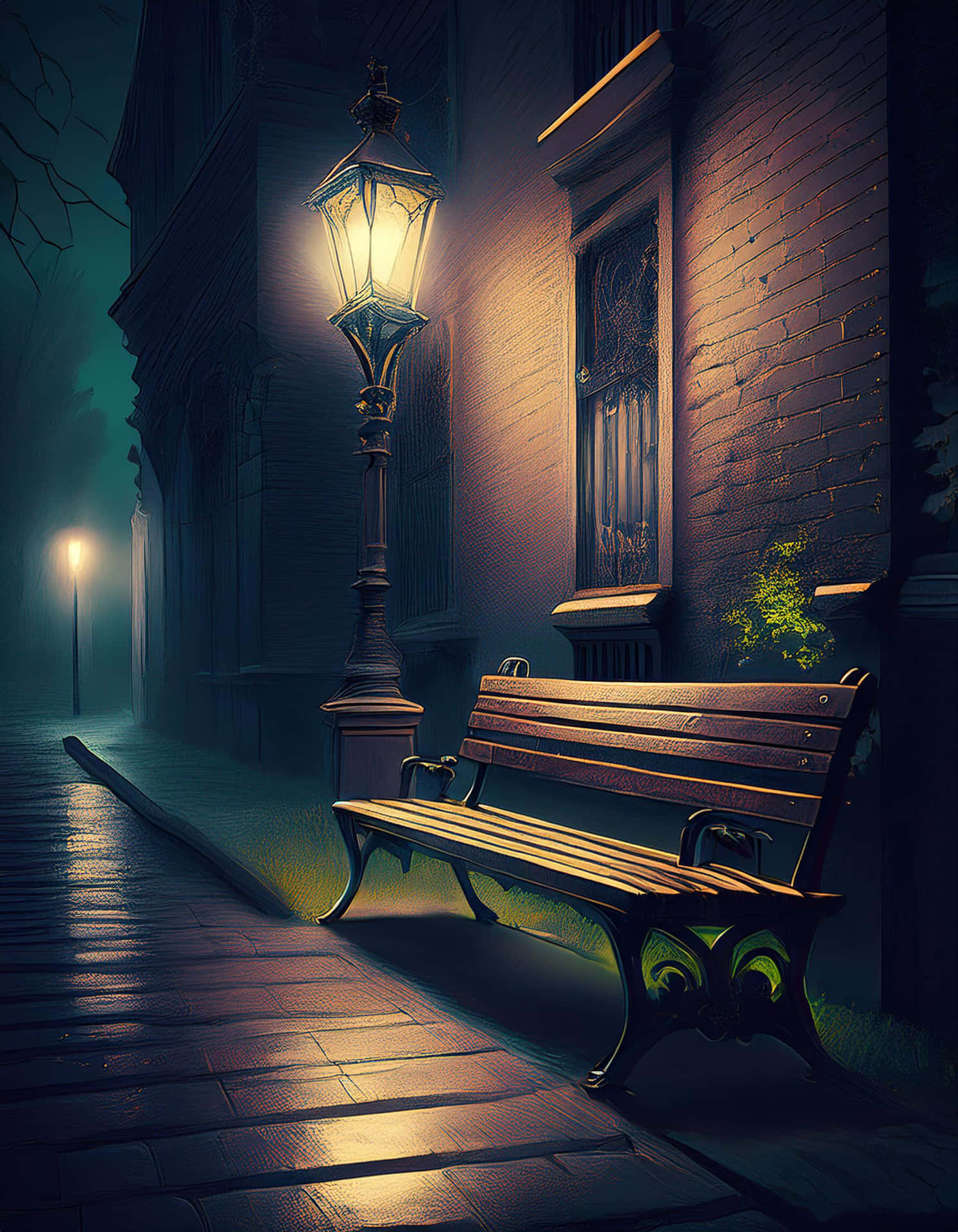 A Quiet Bench Under the Street Lights at Night 壁紙 — 夜晚，在磚砌建築旁的霧氣籠罩的鵝卵石小巷中，一張孤獨的木製長椅在復古路燈下發光。
