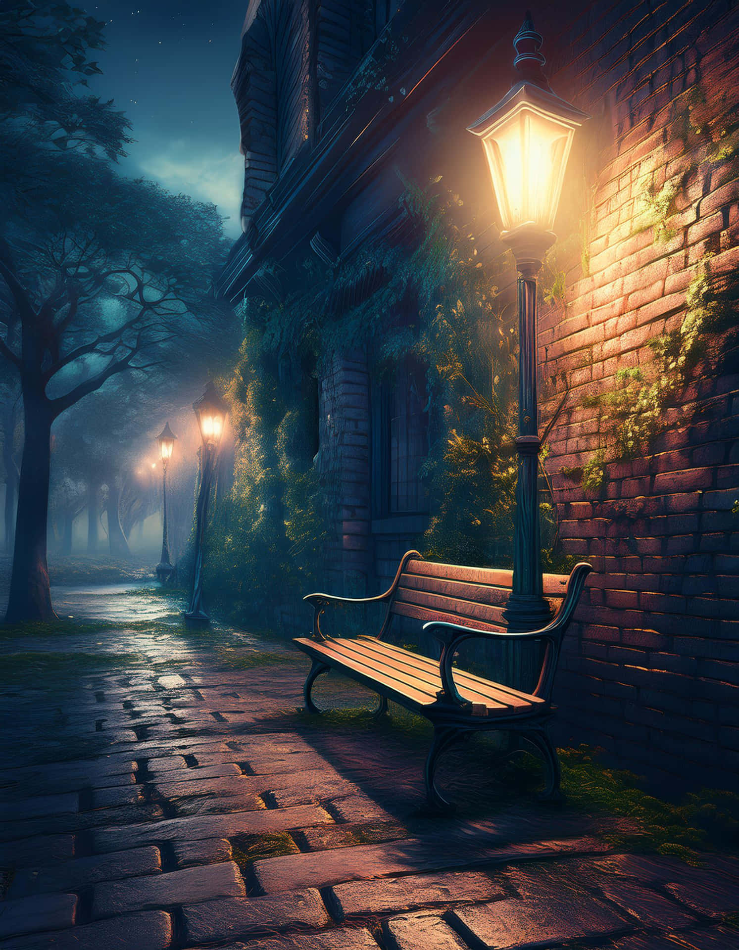 A Quiet Bench Under the Street Lights at Night 壁紙 — 夜晚，在霧氣瀰漫的鵝卵石小巷中，一張孤獨的木凳在溫暖的路燈下發光，旁邊是長滿青苔的磚牆。