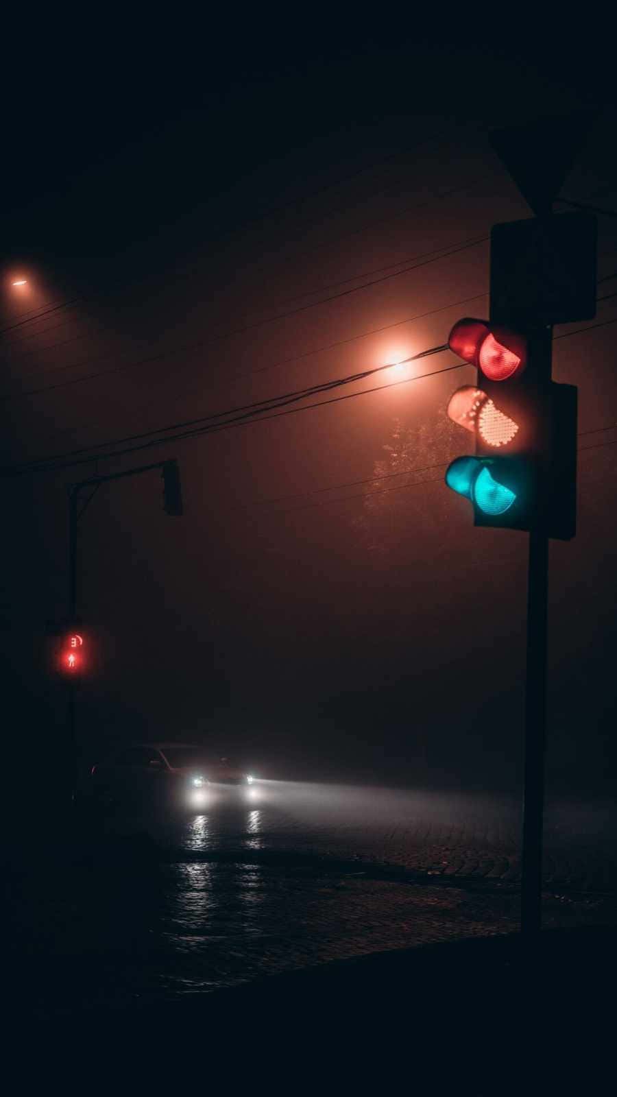 紅色動圖 桌布 壁紙 — 夜晚，發光的交通燈照亮潮濕的街道，車頭燈穿過霧濛濛的黑暗。