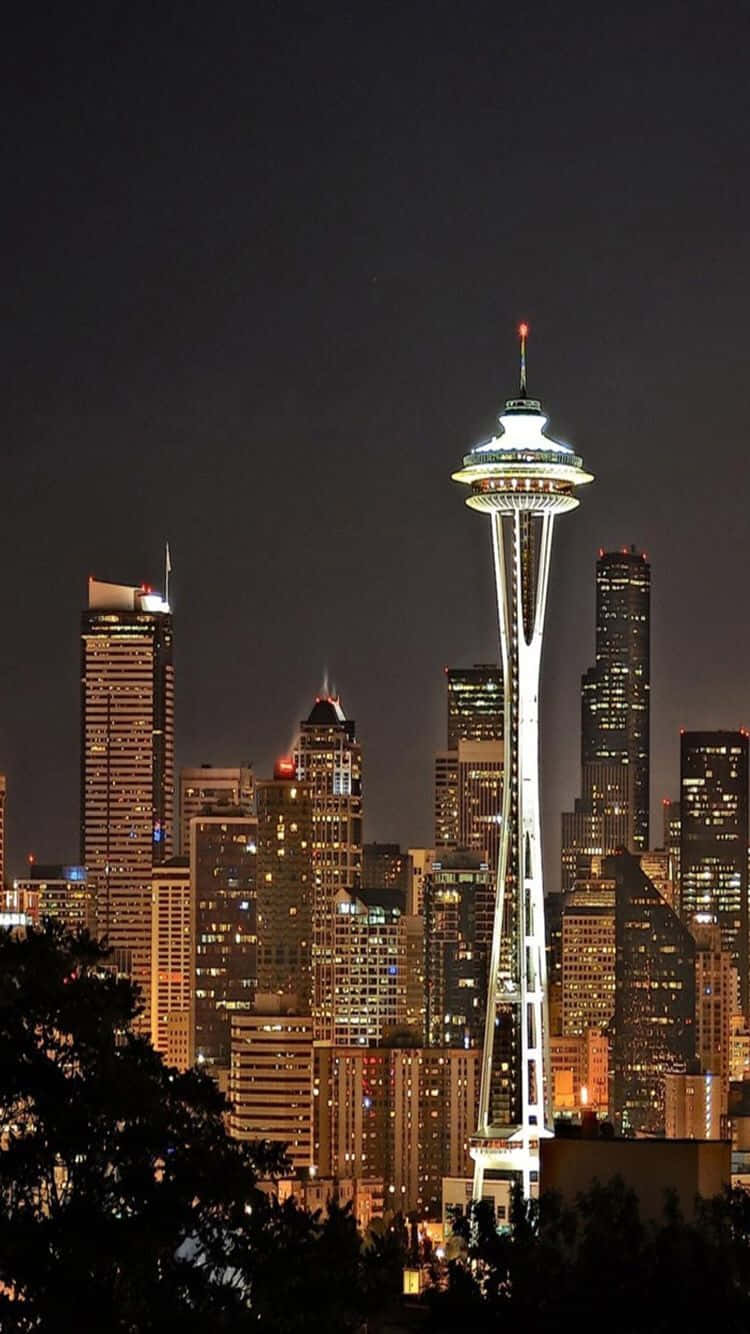 Seattle At Night 桌布 壁紙 — 夜晚，發光的太空針塔聳立在西雅圖閃爍的天際線上，前景是剪影般的樹木。