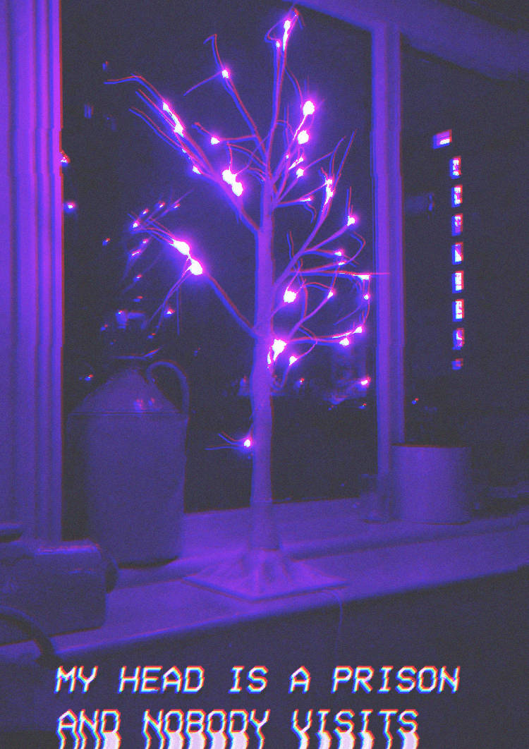Indigo Aesthetic 桌布 壁紙 — 夜晚，窗台上有一棵發光的紫色樹，下方的故障文字散發出詭異的氛圍。