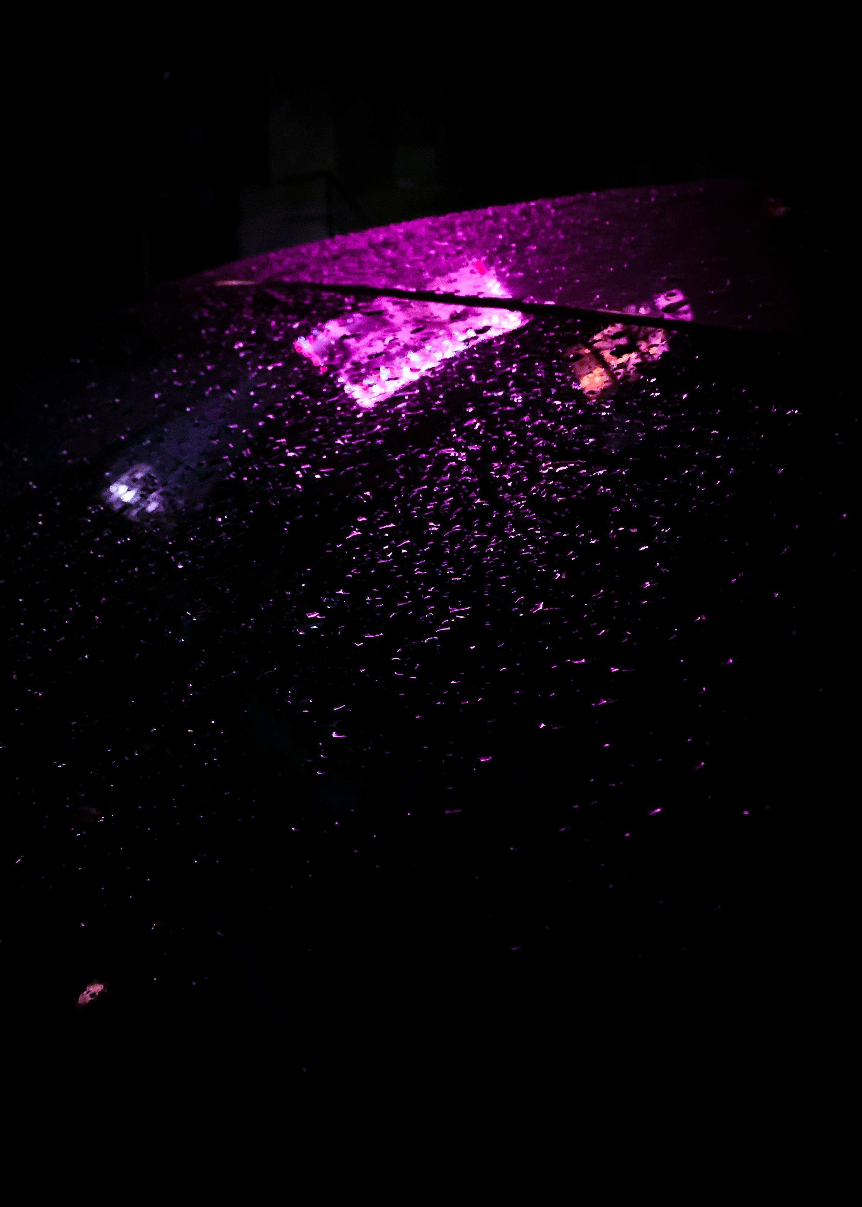 iPhone Xs Max 桌布 壁紙 — 夜晚，雨濕的汽車引擎蓋上閃爍著充滿活力的紫色霓虹反射的近距離特寫。