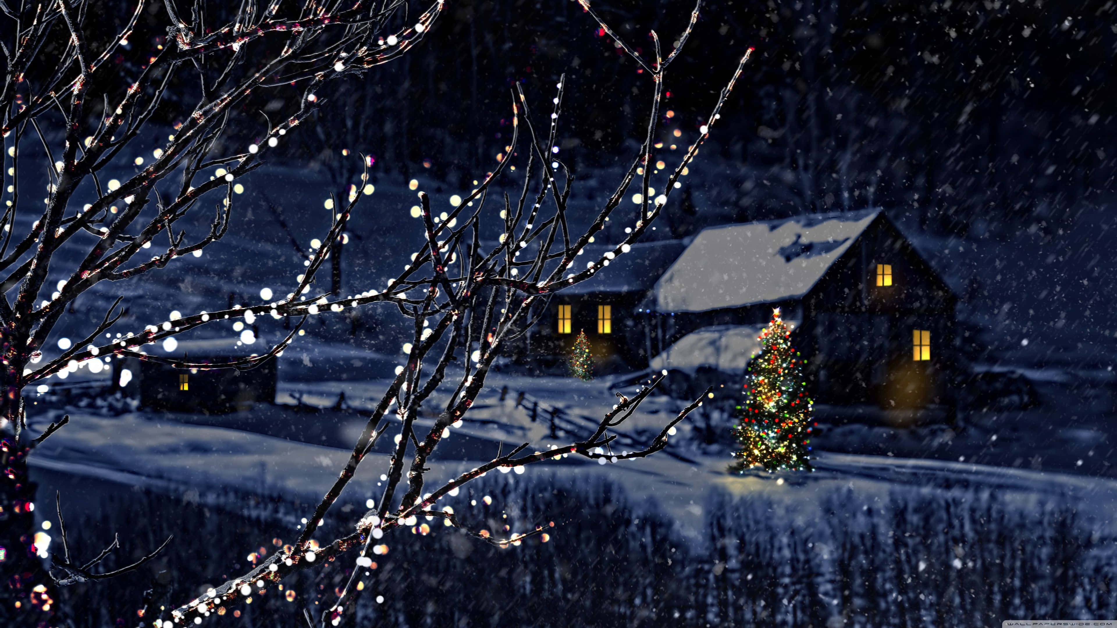 Christmas Snow 桌布 壁紙 — 夜晚，雪花輕輕飄落在舒適的小屋周圍，溫暖的燈光從窗戶透出，前面有一棵裝飾好的樹。