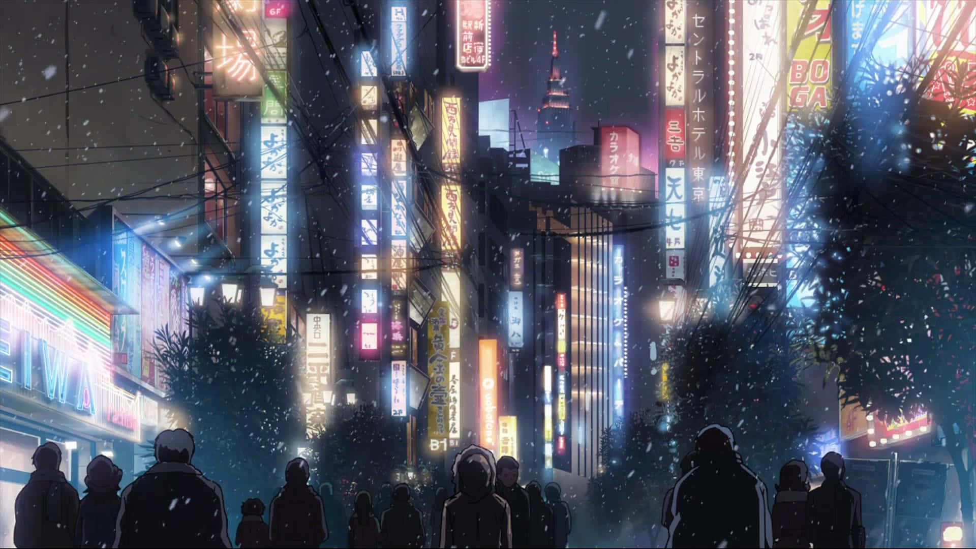 Aesthetic Anime City 桌布 壁紙 — 夜晚，雪花輕輕飄落在霓虹燈閃爍的東京街道上，行人剪影在發光的招牌下走過。