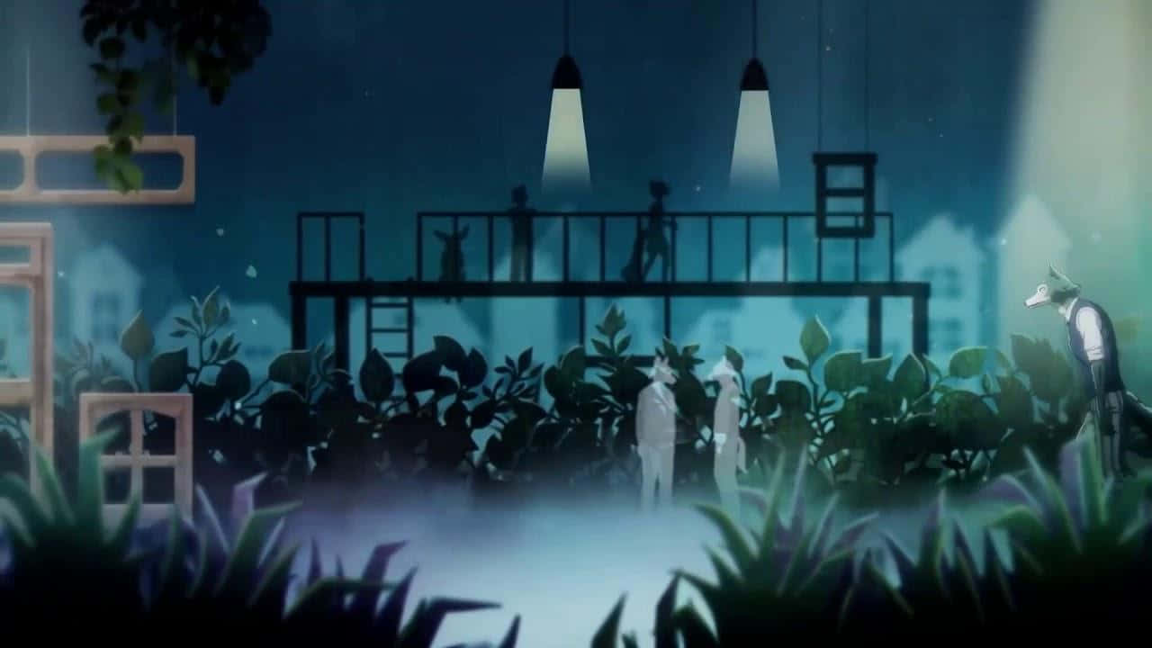 獸星 桌布 壁紙 — 夜晚，霧氣籠罩的屋頂花園上，剪影人物站在發光的吊燈下，下方是茂密的樹葉。