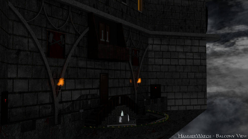 Hammerwatch 桌布 壁紙 — 夜晚，黑暗的石城堡陽台，有閃爍的火把和暴風雨天空下的一個幽靈般的身影。