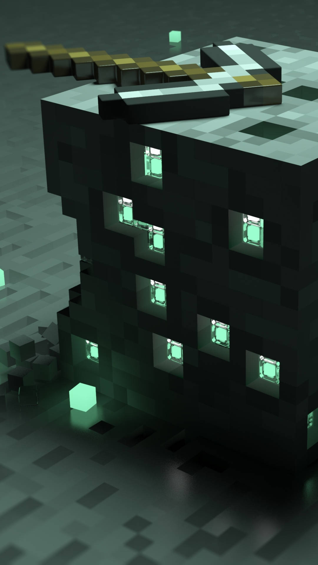 我的世界 高畫質壁紙 桌布 壁紙 — 夜晚一個像素化的Minecraft風格建築，帶有發光的綠色窗戶和屋頂上的金色劍。