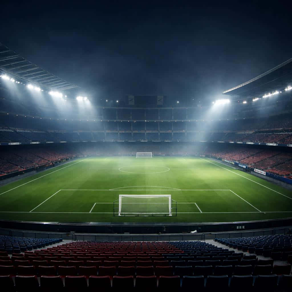 el mejor estadio con la mejor iluminación 壁紙 — 夜晚一個廣闊空蕩的足球場，被明亮的聚光燈照亮，光束投射在綠色草坪和紅藍色座椅上。