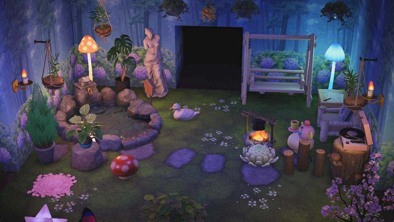 仙女美學 桌布 壁紙 — 夜晚一個異想天開的魔法森林花園，有發光的蘑菇、火坑和紫色花朵，在星空下。