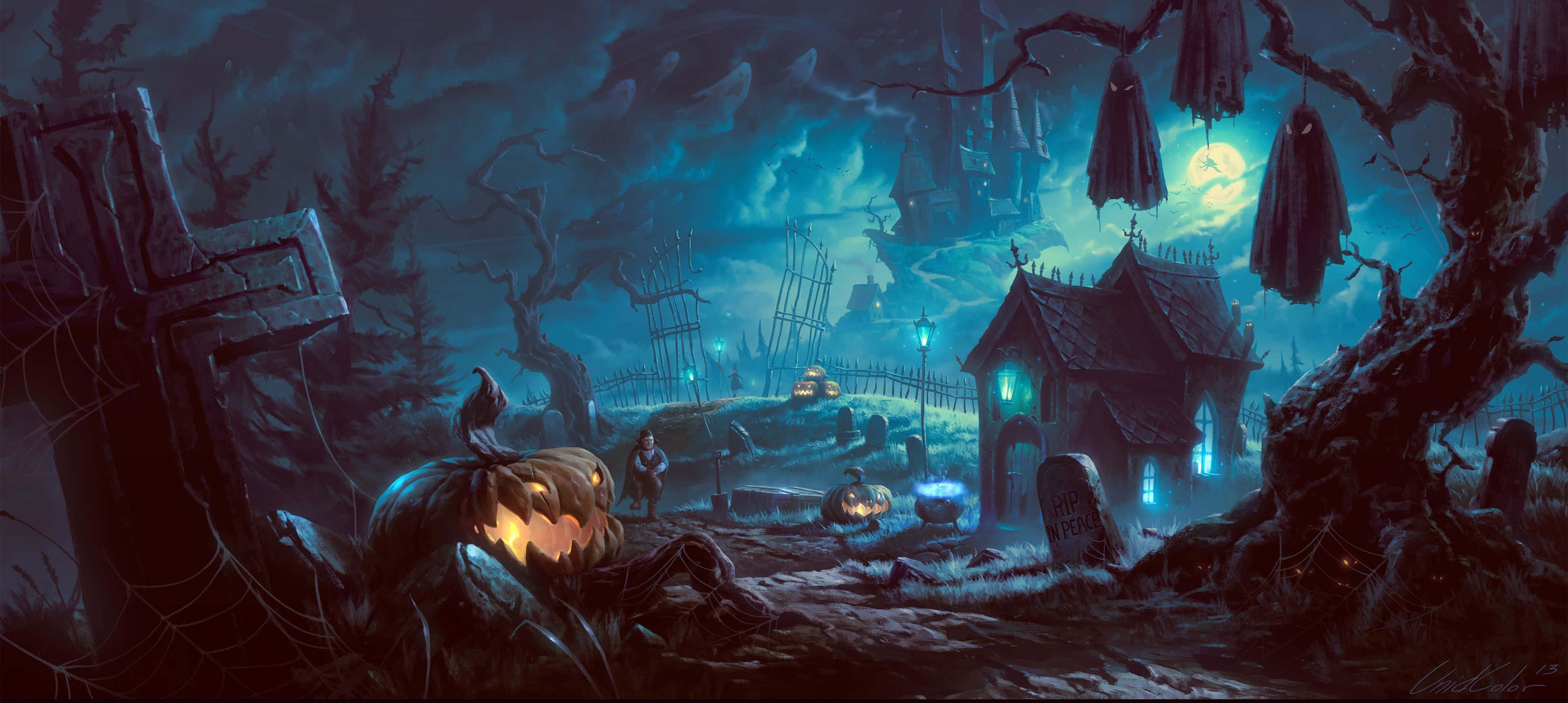 Spooky Halloween 桌布 壁紙 — 夜晚一個詭異的萬聖節墓地，有發光的傑克南瓜燈、鬼屋和滿月投射出詭異的藍光。