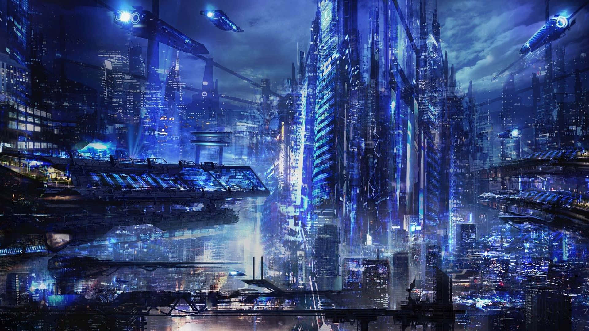 Cyberpunk Laptop 桌布 壁紙 — 夜晚一座高聳的未來城市，雲層下閃爍著藍色摩天大樓和飛行車輛。