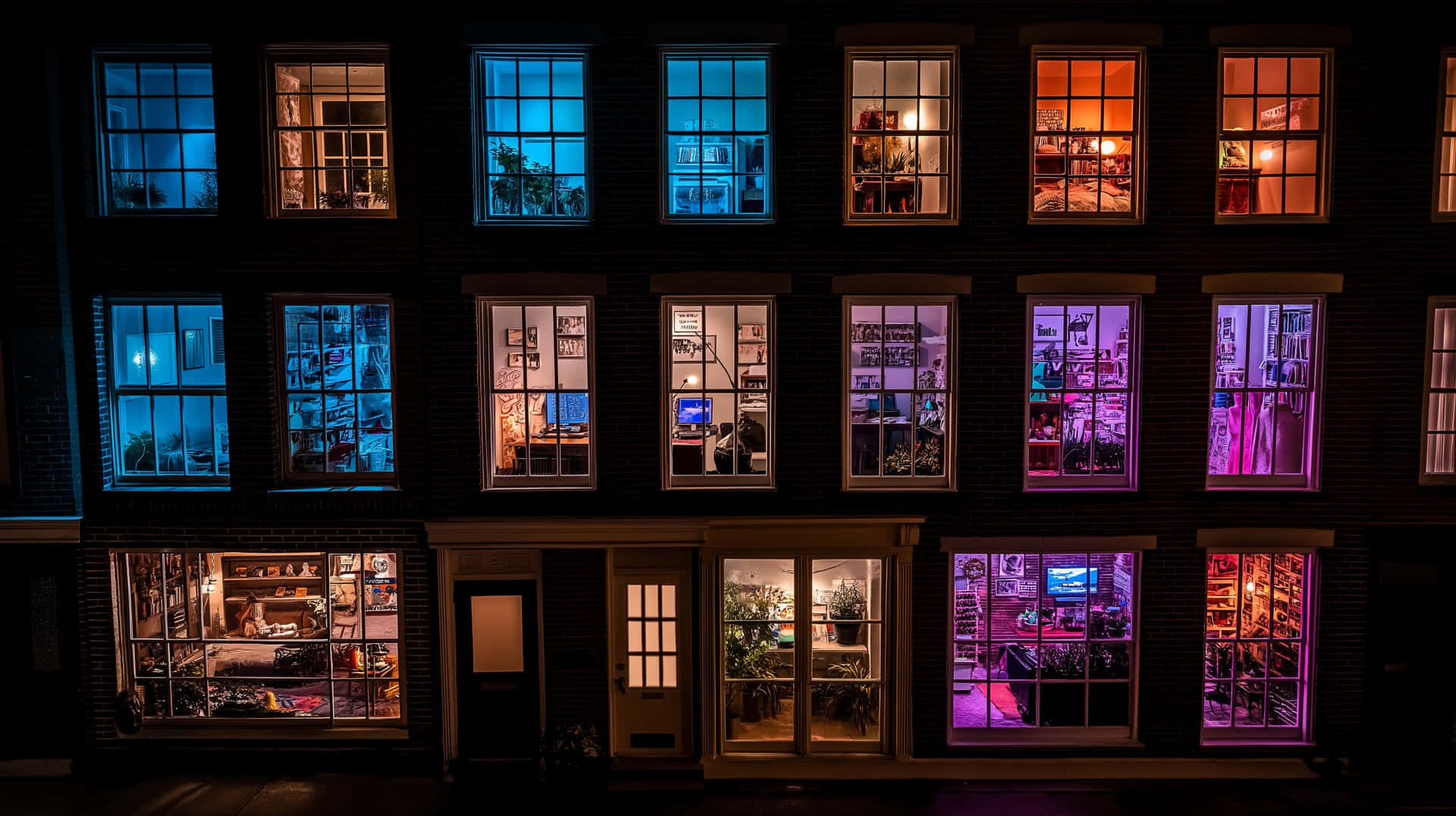 Apartment Windows Lit with Varied Hues at Night 壁紙 — 夜晚一排磚砌聯排別墅，窗戶閃爍著充滿活力的藍色、橙色和紫色色調，顯露出室內場景。