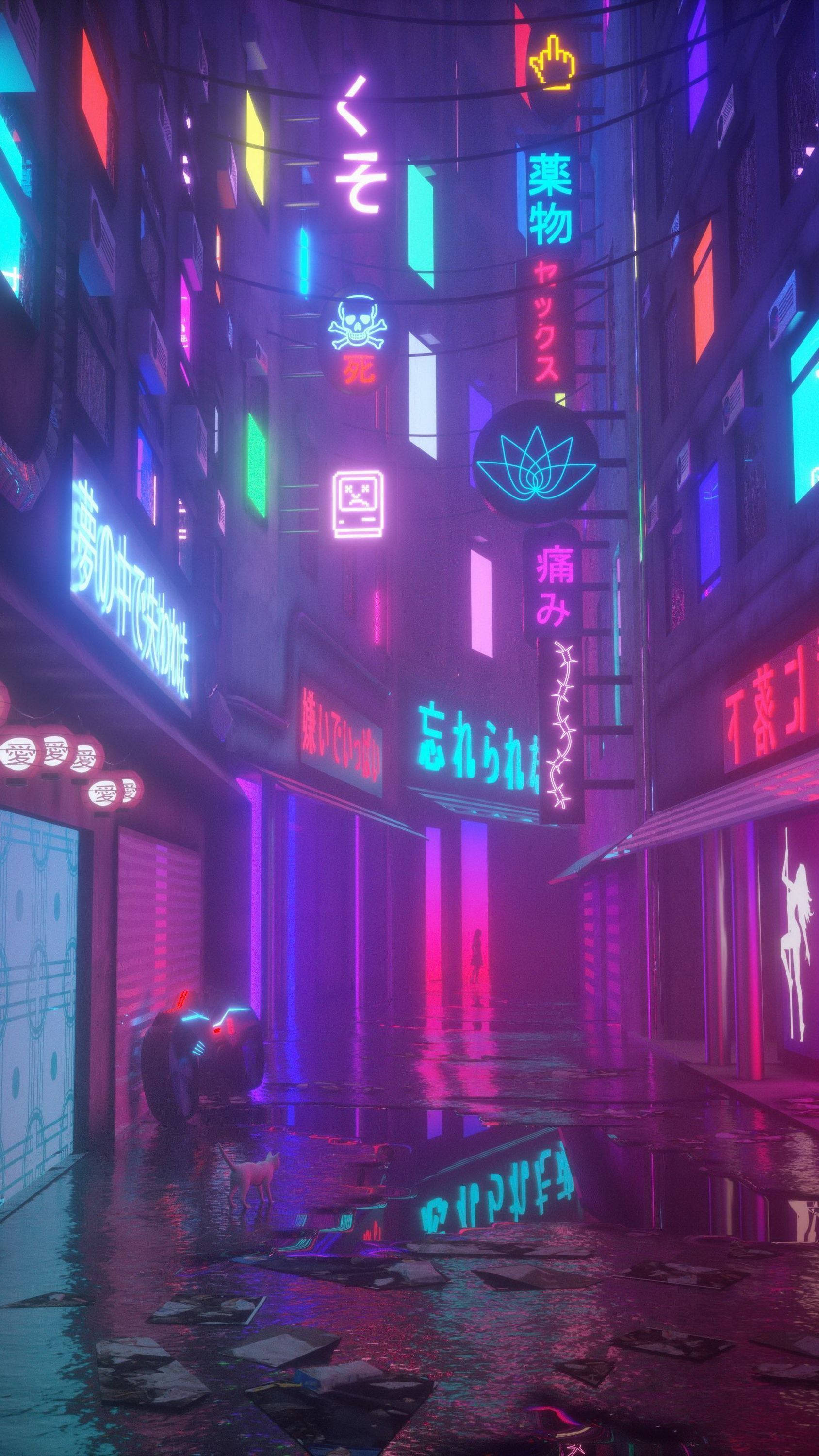 日本 桌布 壁紙 — 夜晚一條充滿霓虹燈的 cyberpunk 小巷，發光的招牌在潮濕的路面上反射，一隻孤獨的狗穿過垃圾行走。