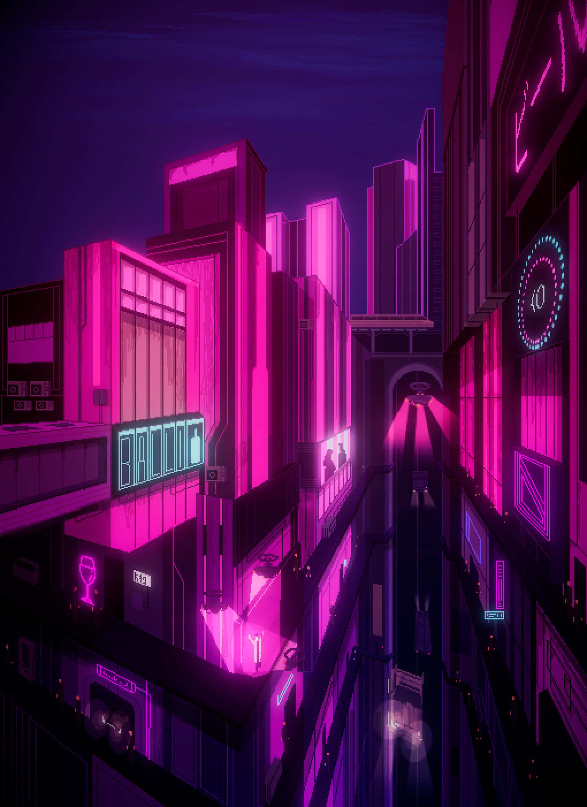 桌布 壁紙 — 夜晚一條充滿霓虹燈的 cyberpunk 小巷，高聳的建築物閃爍著鮮豔的粉紅色和紫色色調。