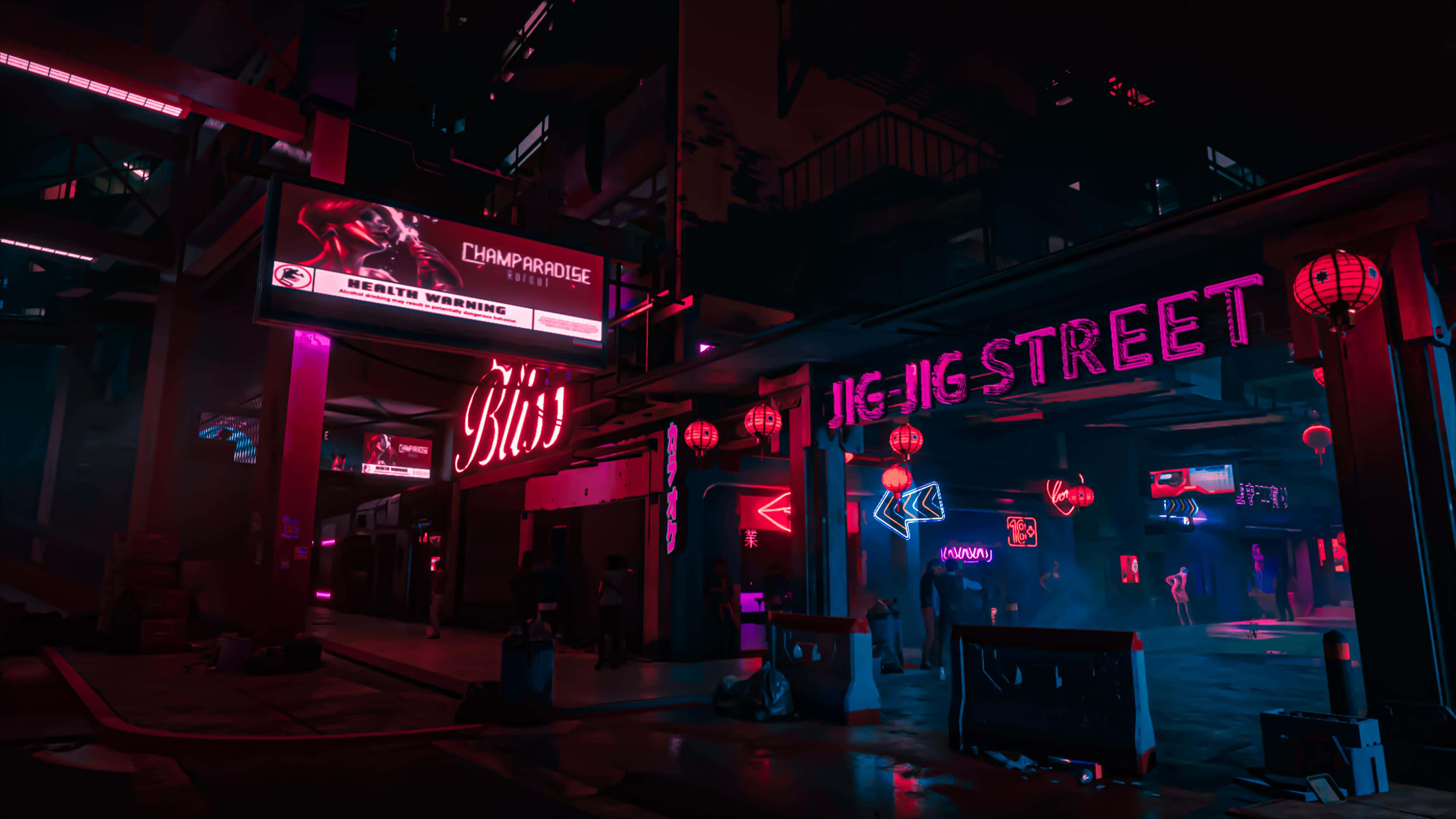Cyberpunk Night City 桌布 壁紙 — 夜晚一條充滿霓虹燈的 cyberpunk 小巷，發光的招牌和紅色燈籠在濕漉漉的路面上投下倒影。