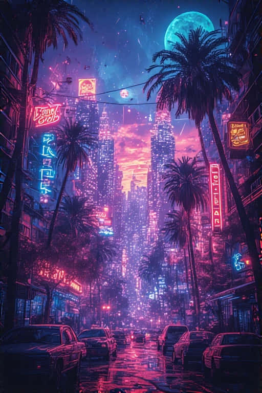Cityscape Wallpaper Neon Lights, Palm Trees & 80s Vibe 壁紙 — 夜晚一條充滿霓虹燈的 cyberpunk 街道，棕櫚樹在巨大月亮下發光，雨水濕滑的瀝青反射出鮮豔燈光。