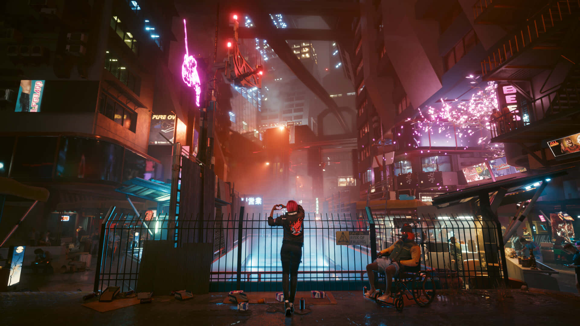 賽博龐克 桌布 壁紙 — 夜晚一條充滿霓虹燈的 cyberpunk 小巷，有兩個人，一個站著，一個坐輪椅，周圍是發光的招牌和霧雨。