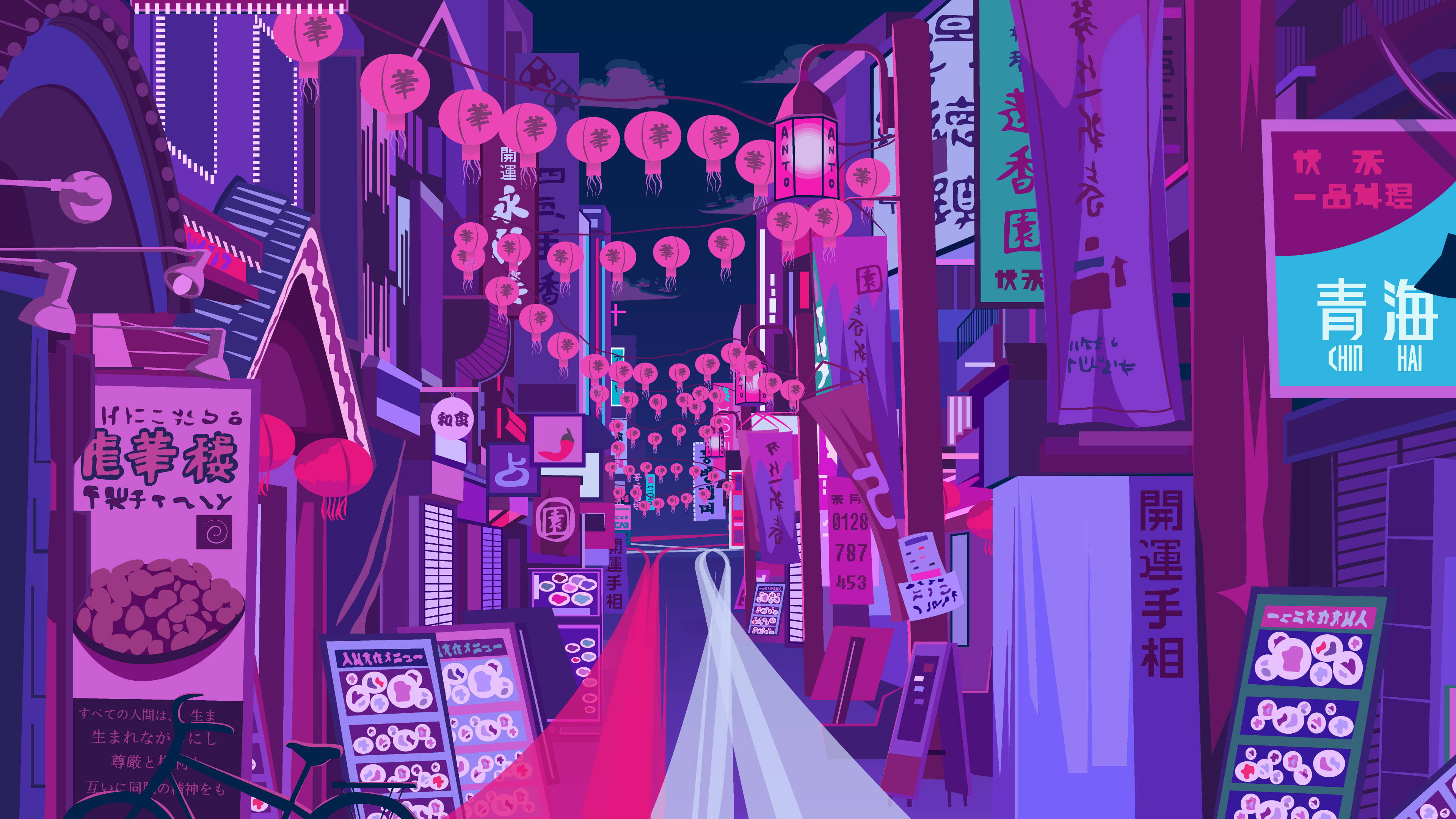 紫色動漫美學 桌布 壁紙 — 夜晚一條充滿霓虹燈的動畫風格小巷，帶有發光的粉紅色燈籠和日本標誌。