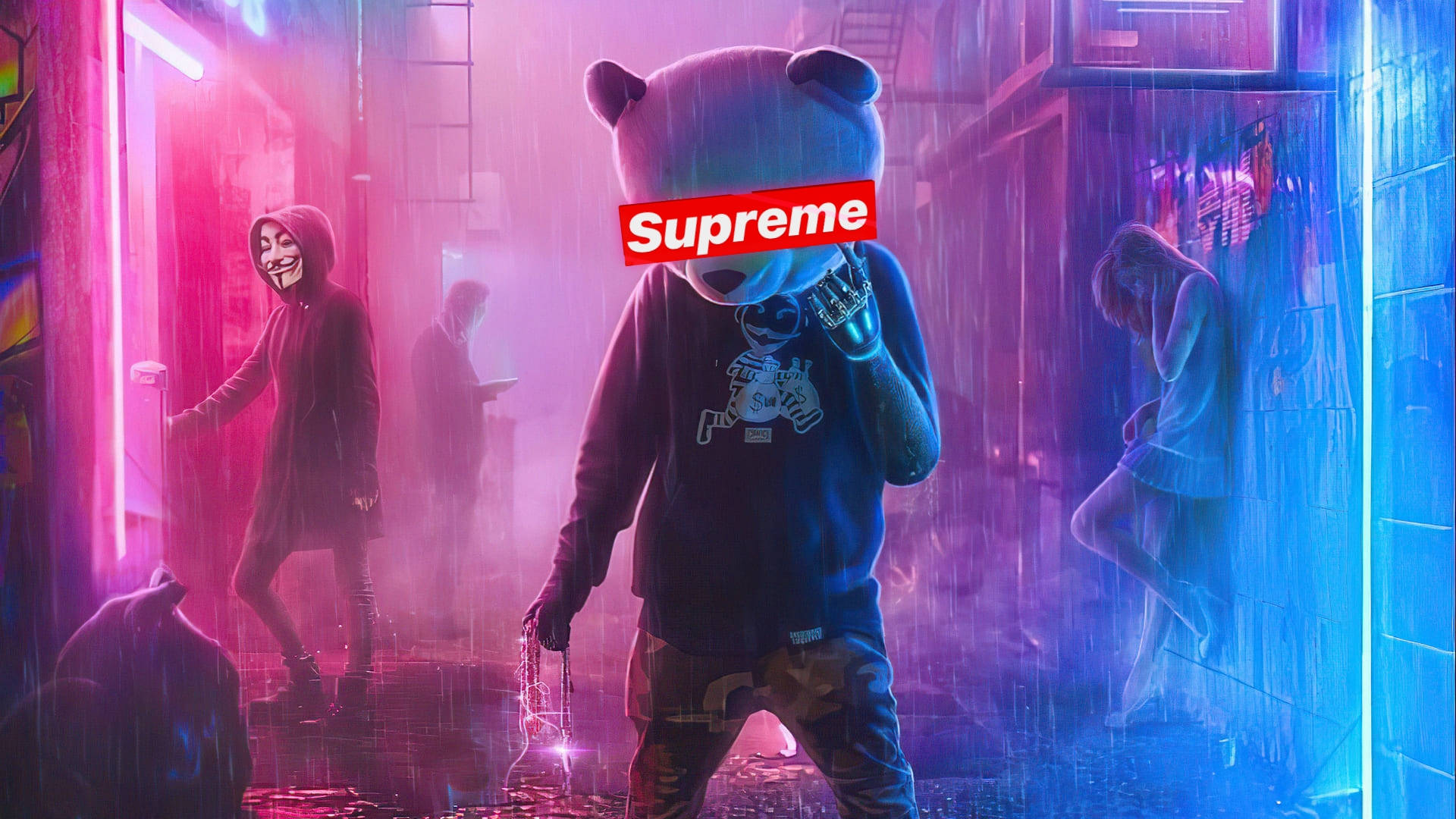 Cool Supreme 桌布 壁紙 — 夜晚一條充滿霓虹燈的城市小巷，一隻穿著 Supreme 的熊吉祥物在雨中行走，而戴面具的人物潛伏在陰影中。