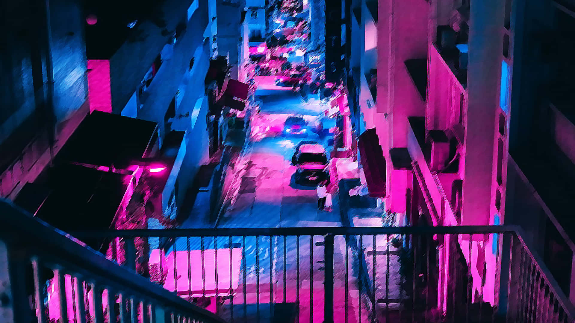 背景 桌布 壁紙 — 夜晚一條充滿霓虹燈的城市小巷，沐浴在電光粉紅和藍色燈光中，下方有人和汽車。