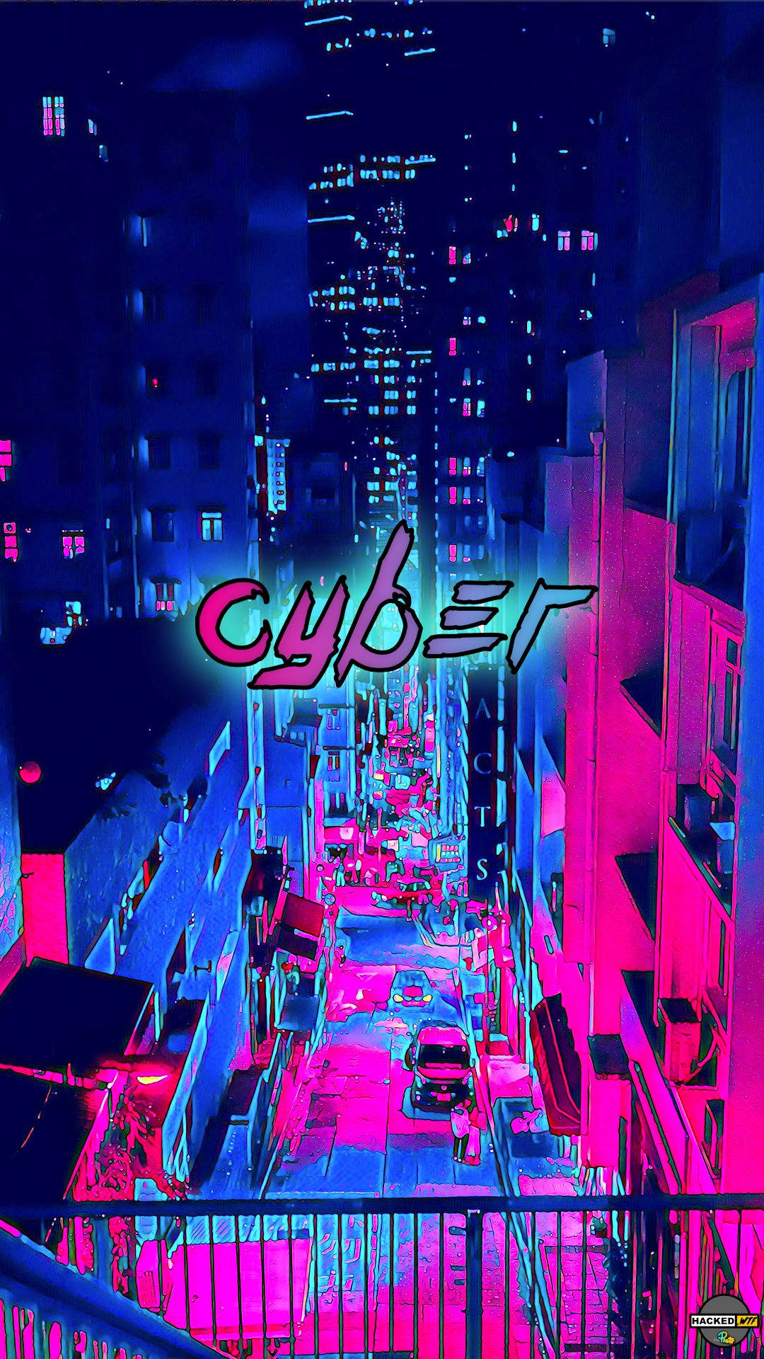 Cyber 桌布 壁紙 — 夜晚一條充滿霓虹燈的賽博朋克小巷，高聳的建築物閃爍著電光粉紅和藍色調。