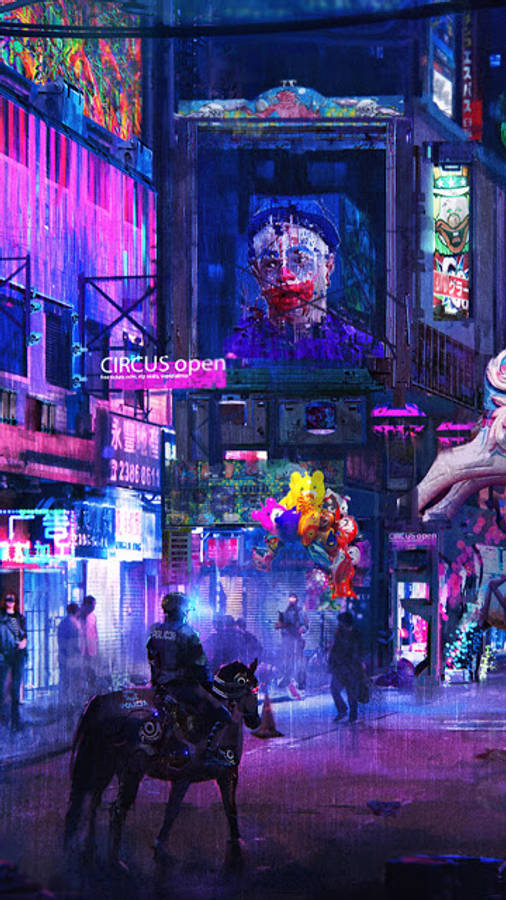馬 桌布 壁紙 — 夜晚一條充滿霓虹燈的賽博朋克小巷，一個騎馬的人在一塊巨大的小丑廣告牌下。