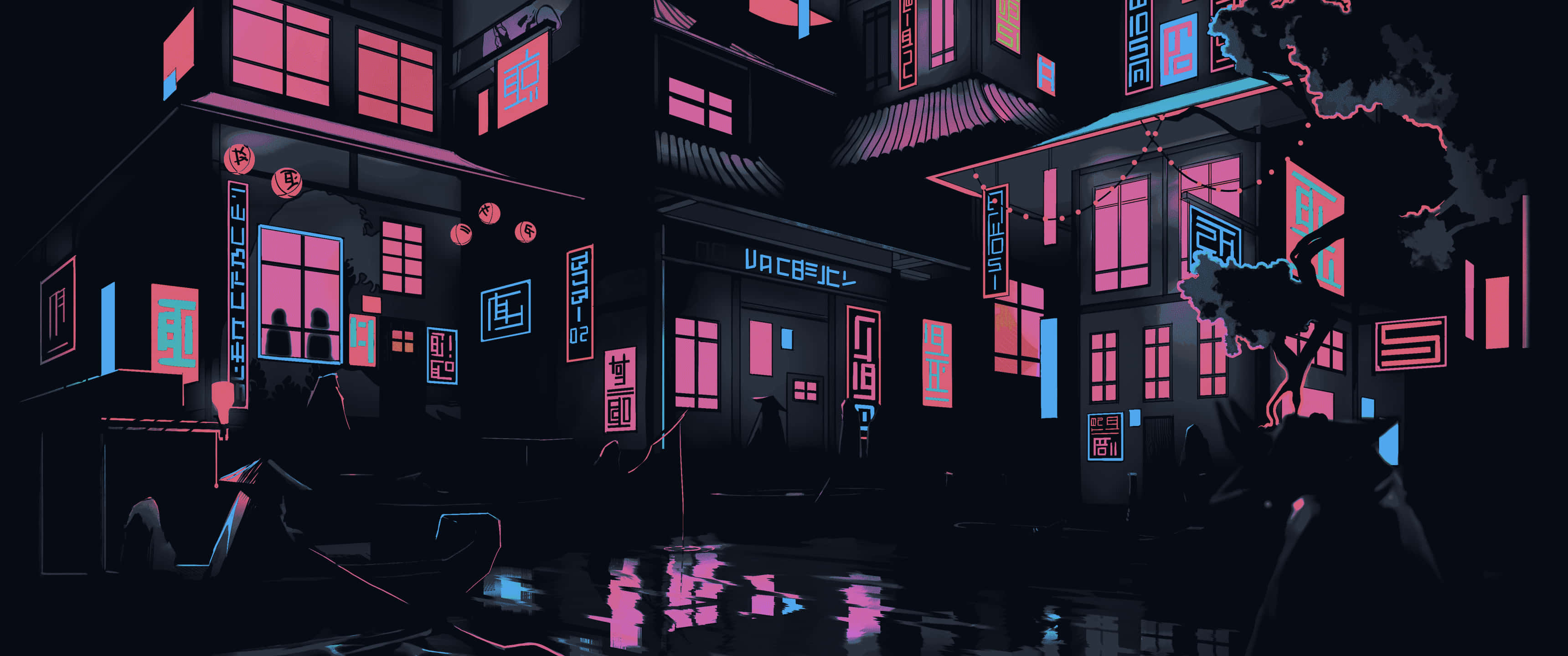 3440x1440 Neon 桌布 壁紙 — 夜晚一條充滿霓虹燈的賽博朋克街道，發光的粉紅色和藍色招牌在潮濕的路面上反射。