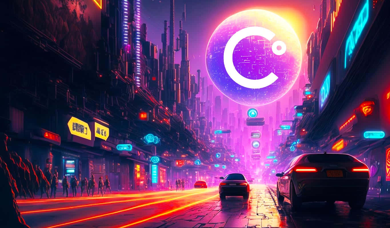Eligible 桌布 壁紙 — 夜晚一條充滿霓虹燈的賽博龐克城市街道，有發光的摩天大樓、飛行的汽車和頭頂上巨大的全息標誌。