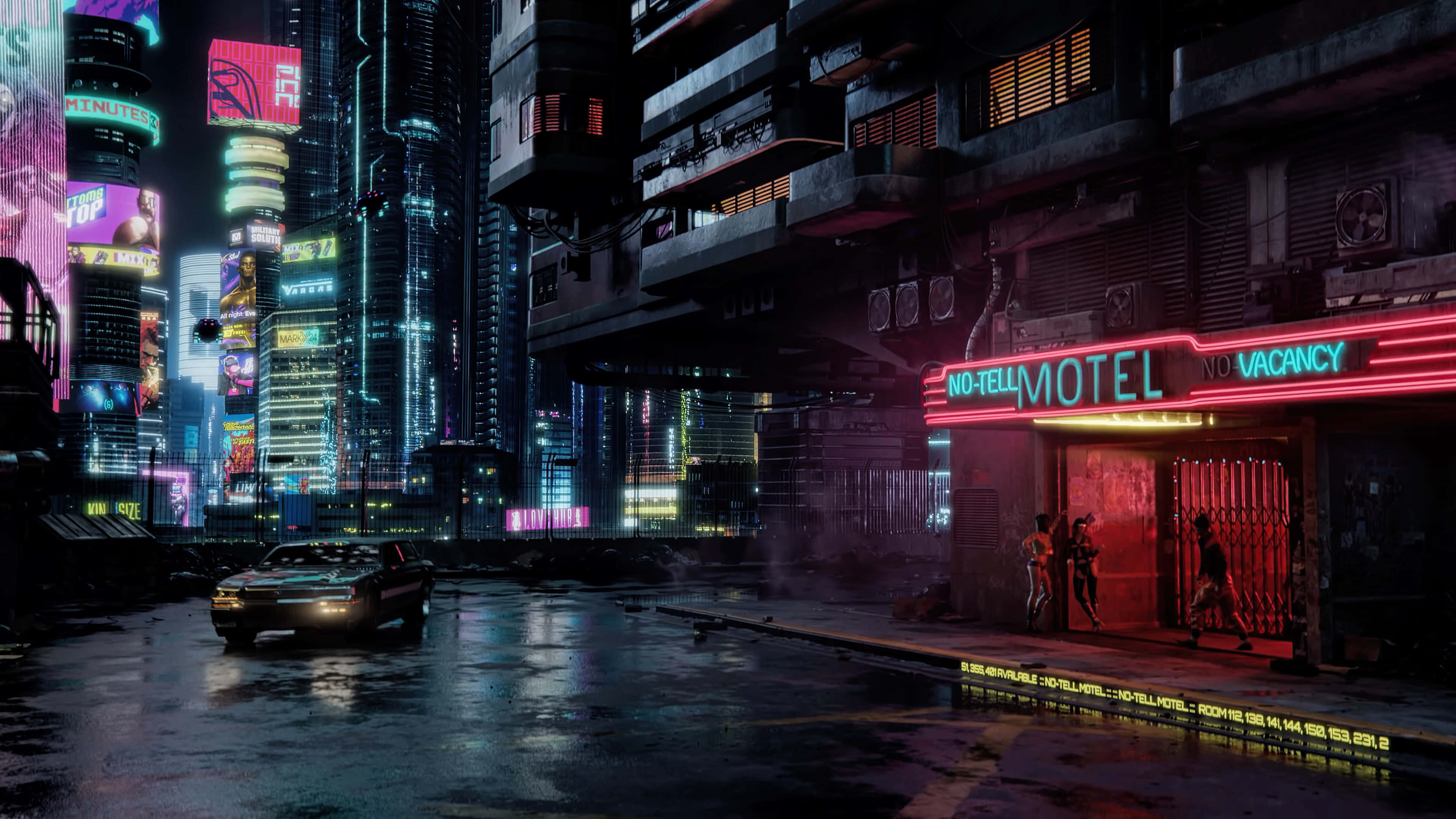 Cyberpunk Night City 桌布 壁紙 — 夜晚一條充滿霓虹燈的賽博龐克街道，發光的 no tell 汽車旅館和一輛孤獨的汽車停在濕漉漉的路面上。