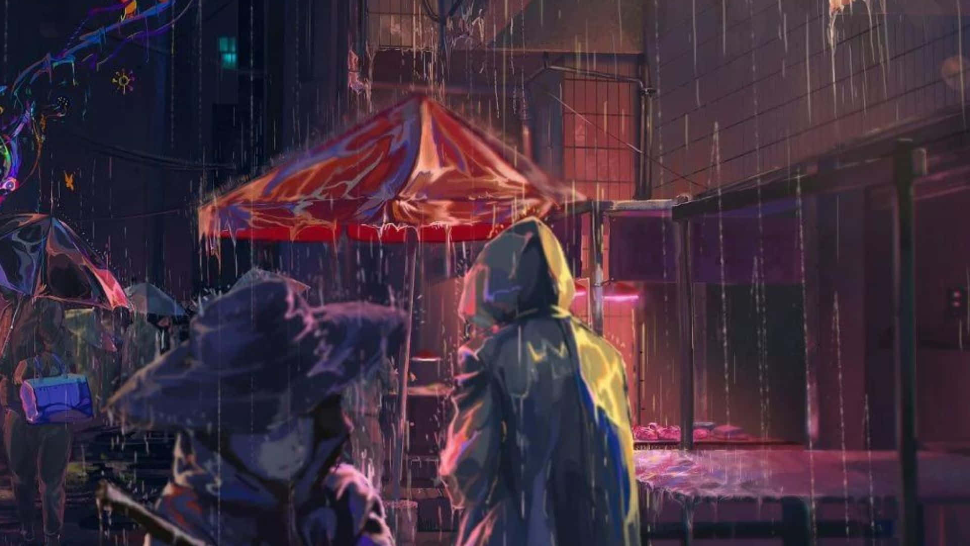 穿著連帽雨衣的人們在夜晚的潮濕霓虹小巷中行走。 — 下雨 GIF 壁紙