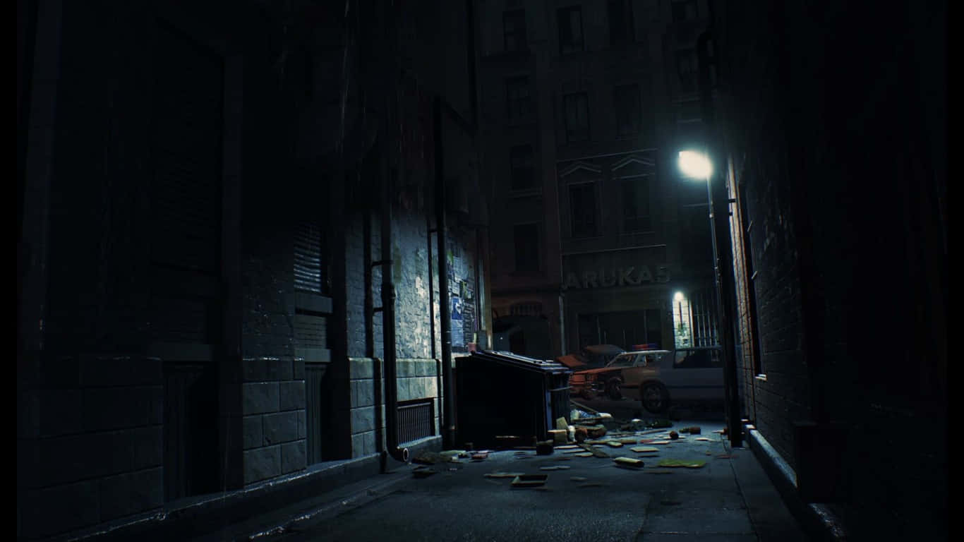 1366x768 Resident Evil 2 桌布 壁紙 — 夜晚一條燈光昏暗的城市小巷，單一街燈在磚牆和散落的碎片上投下陰影。