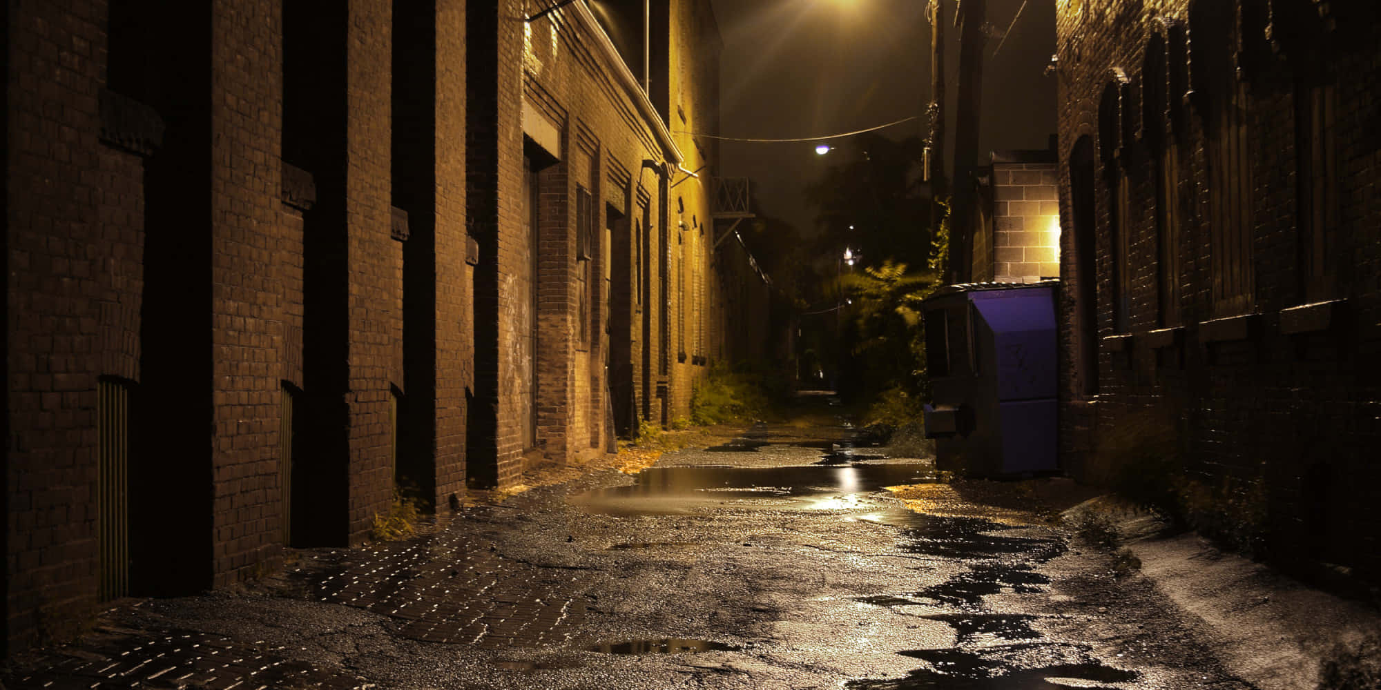 Alleyway 桌布 壁紙 — 夜晚一條狹窄潮濕的小巷，被一盞路燈照亮，在磚牆和水坑上投下長長的影子。