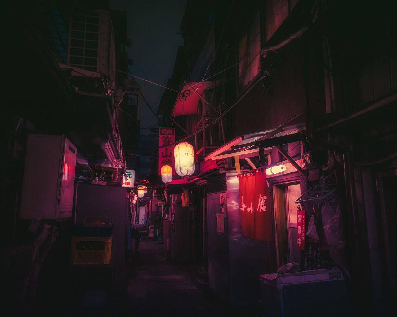 Light 桌布 壁紙 — 夜晚一條狹窄的小巷，被日本商店櫥窗的紅色和粉紅色霓虹燈招牌照亮。