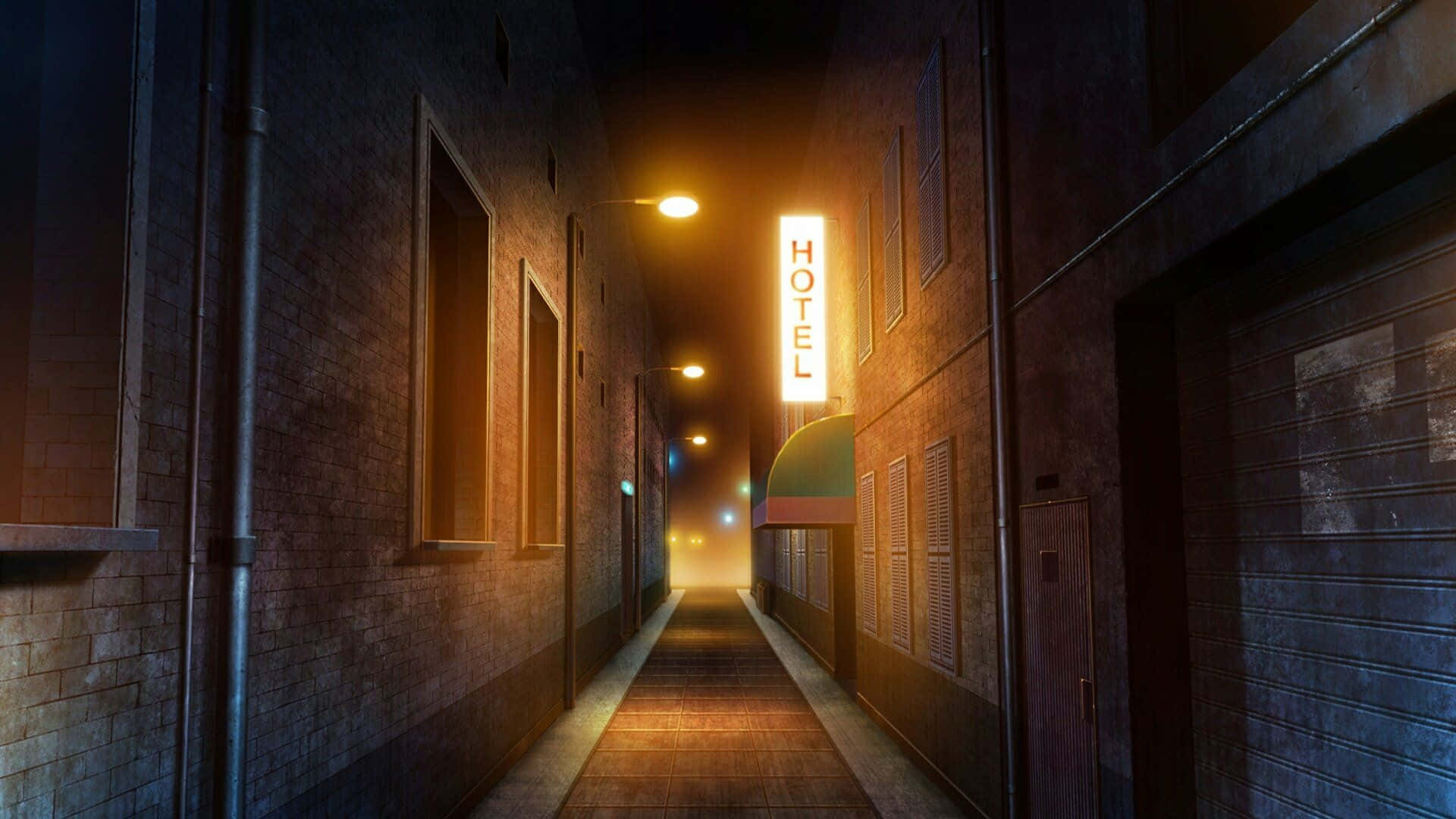 Alleyway 桌布 壁紙 — 夜晚一條狹窄的磚砌小巷，被溫暖的路燈和發光的垂直飯店招牌照亮。