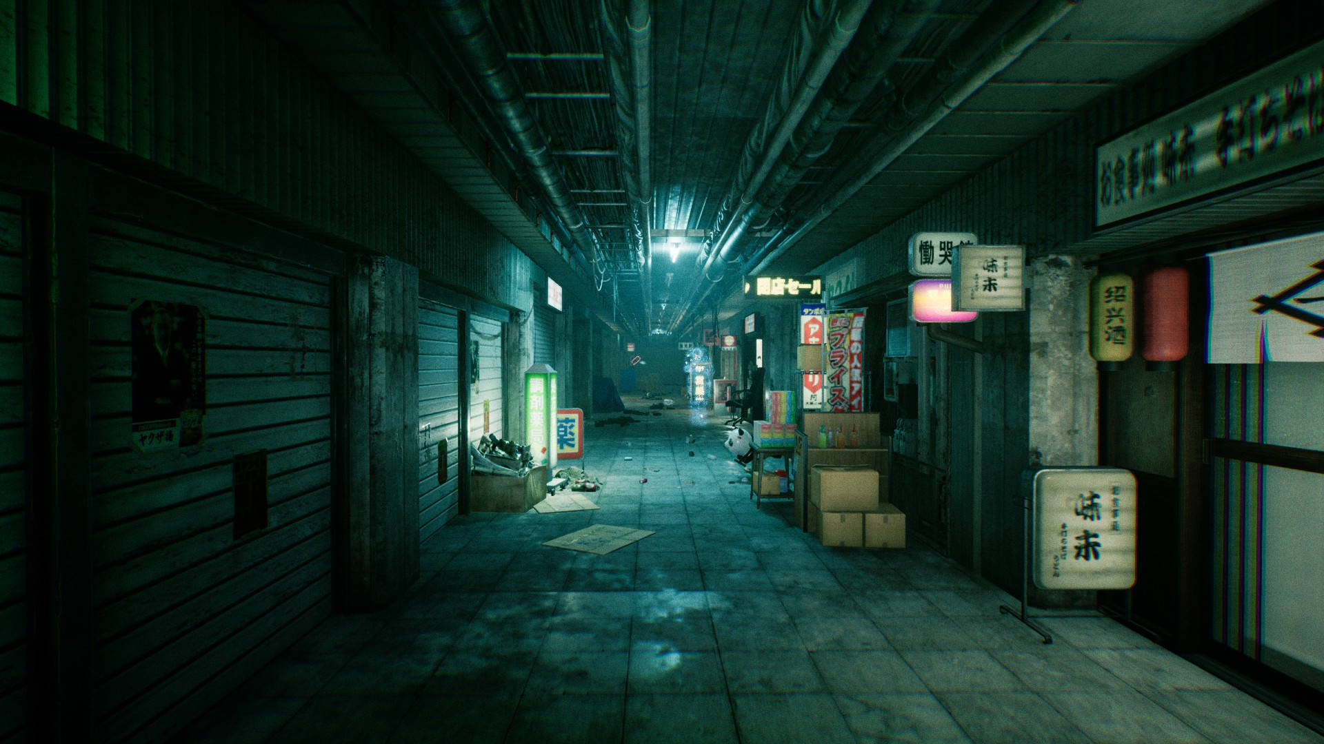 Ghostwire Tokyo 桌布 壁紙 — 夜晚一條狹窄的霓虹燈小巷，位於破舊的市區，有已關閉的商店和散落的箱子，天花板滴水。