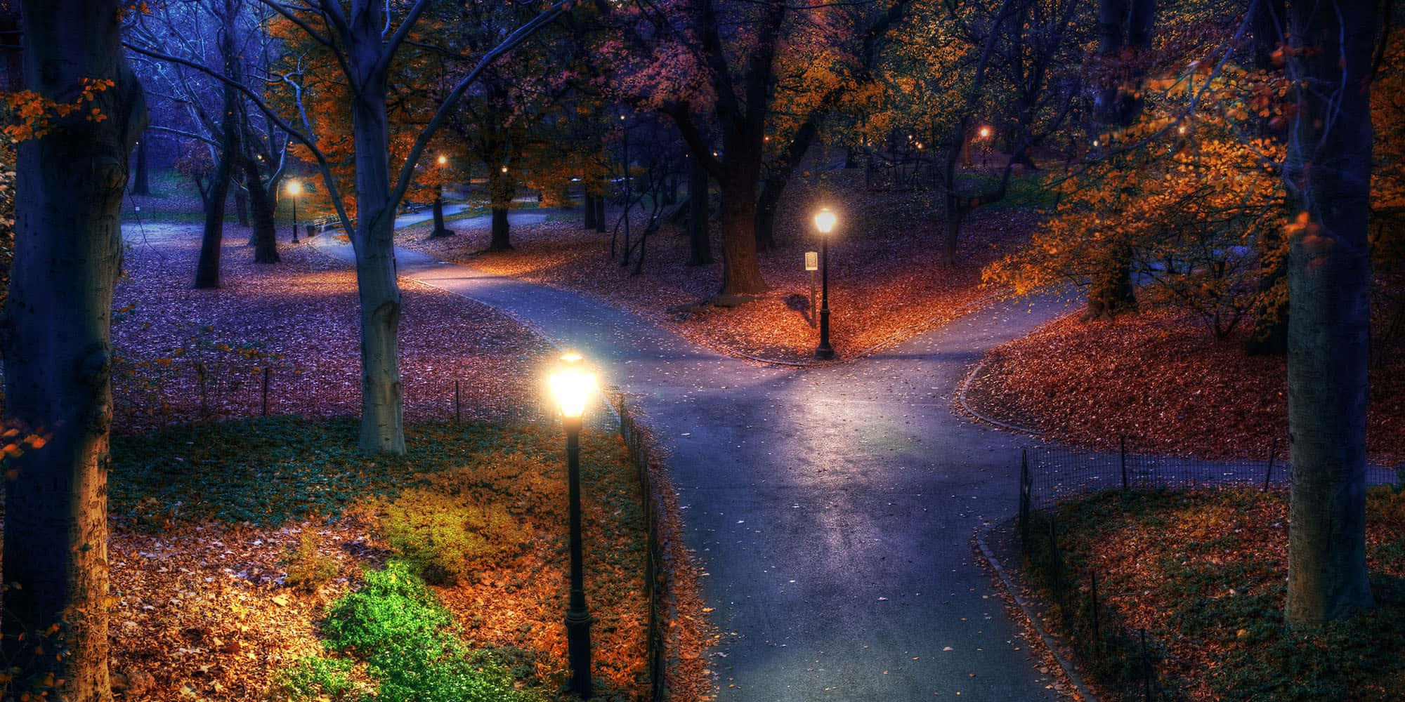 Evening 桌布 壁紙 — 夜晚一條蜿蜒的公園小徑，被發光的街燈照亮，周圍是帶有秋葉的樹木。